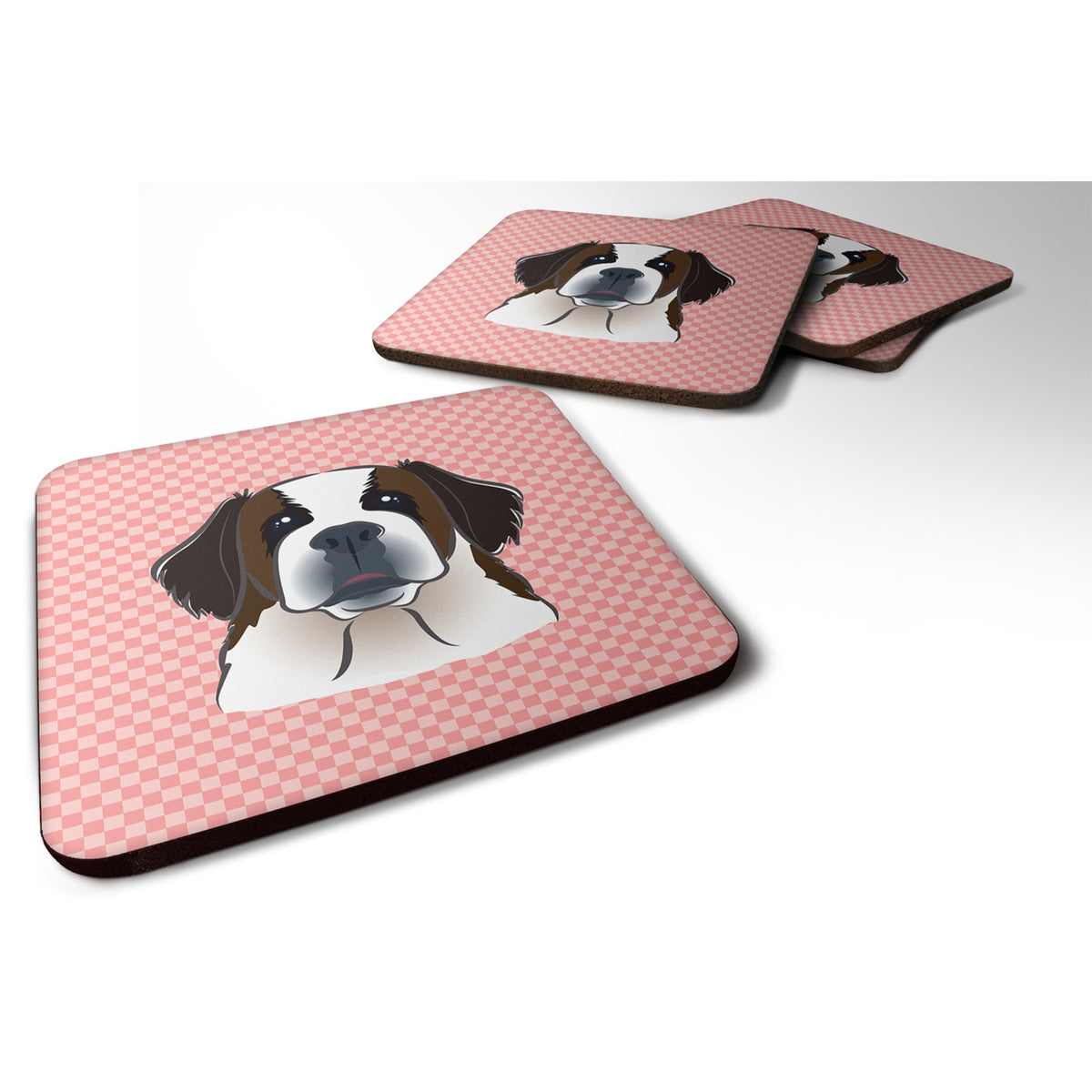 Checkerboard Pink Saint Bernard Foam Coaster Set Of 4