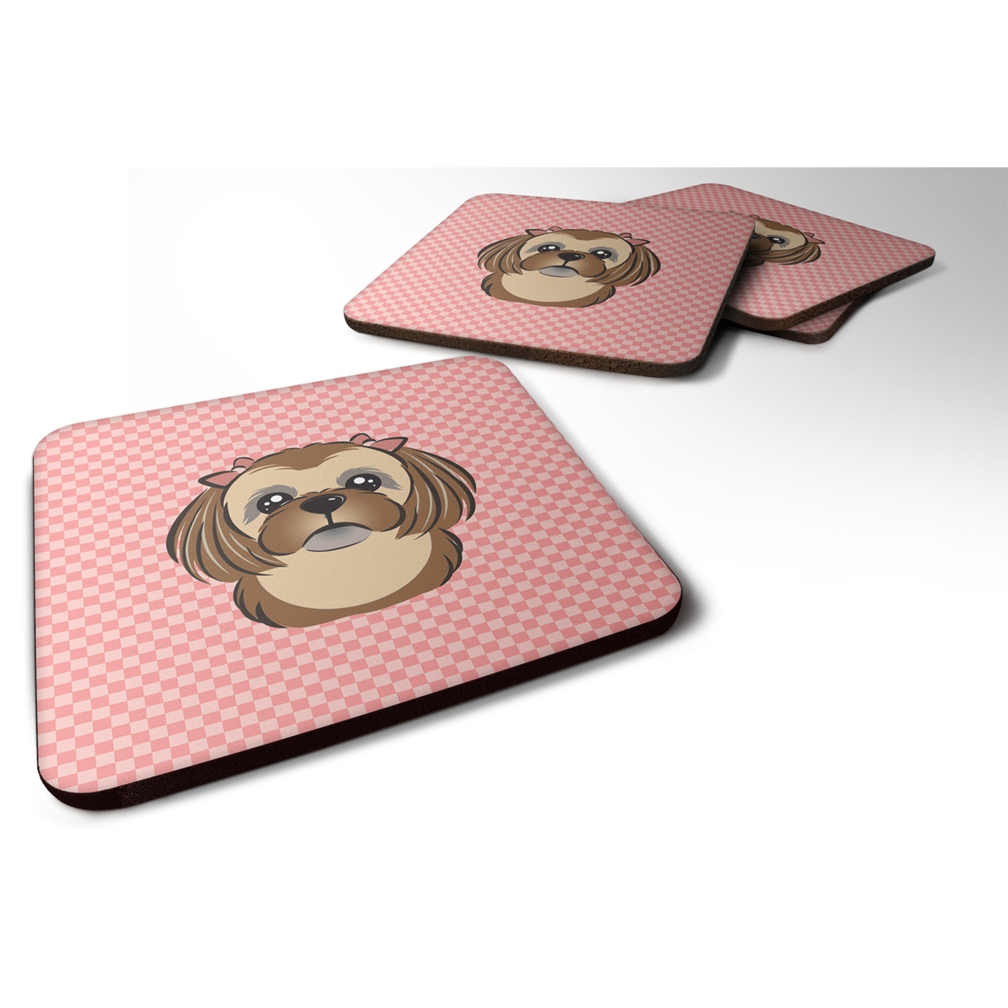 Checkerboard Pink Chocolate Brown Shih Tzu Foam Coaster Set Of 4