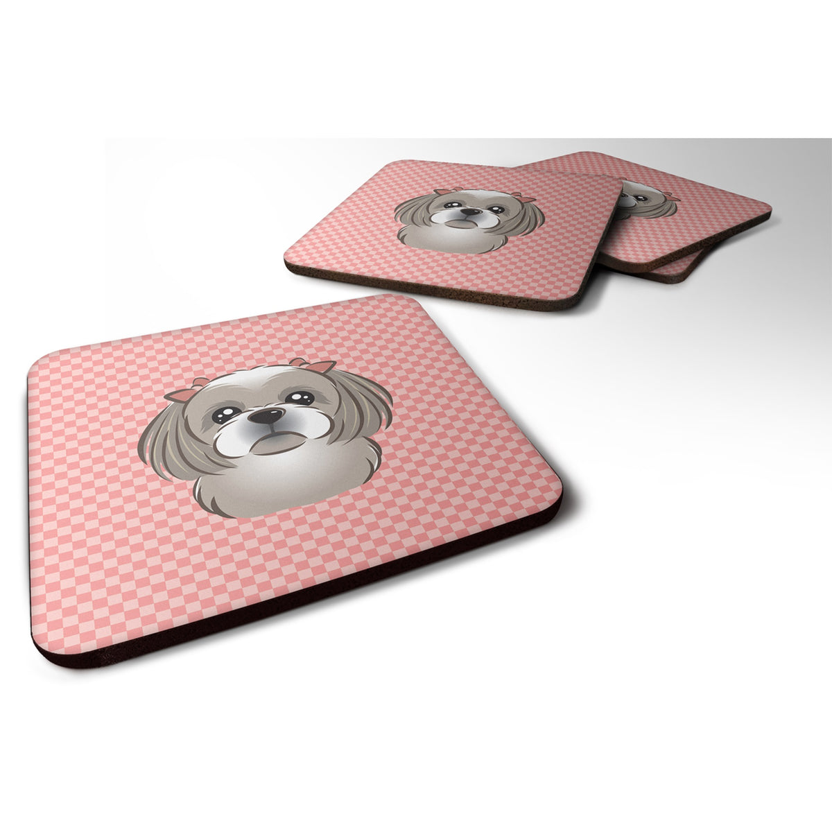 Checkerboard Pink Gray Silver Shih Tzu Foam Coaster Set Of 4