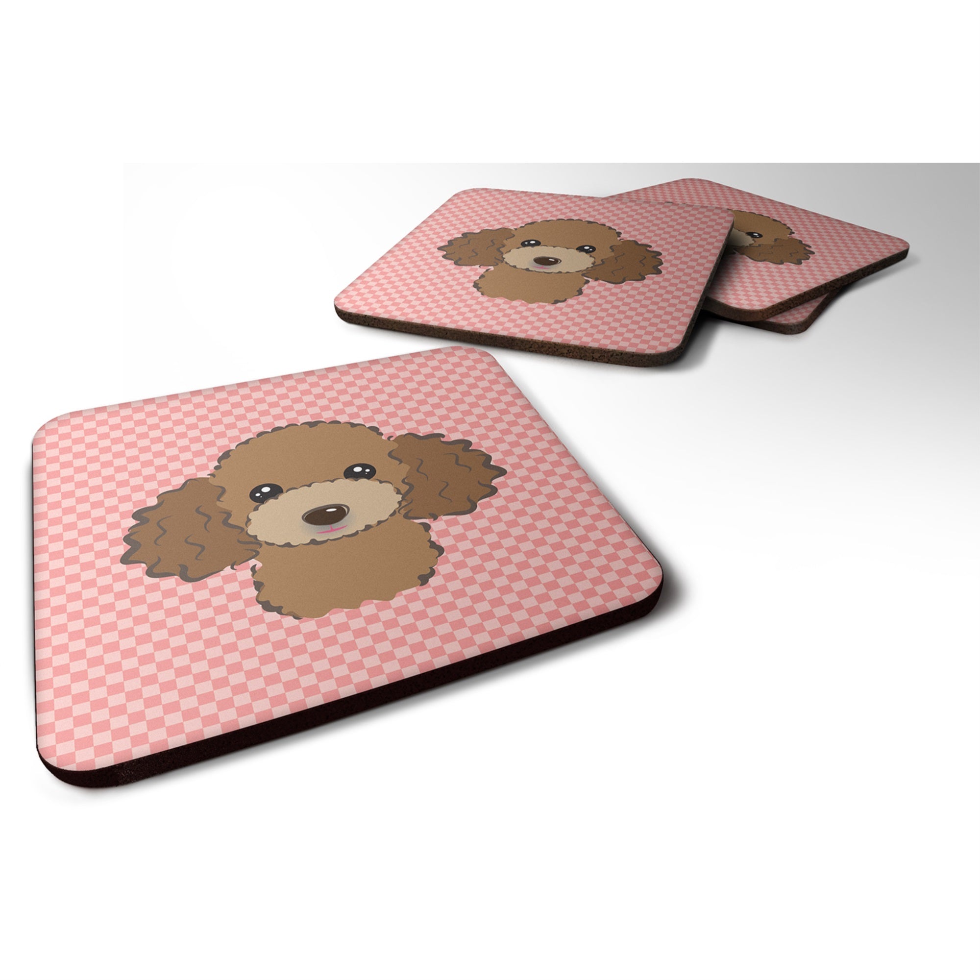 Checkerboard Pink Chocolate Brown Poodle Foam Coaster Set Of 4