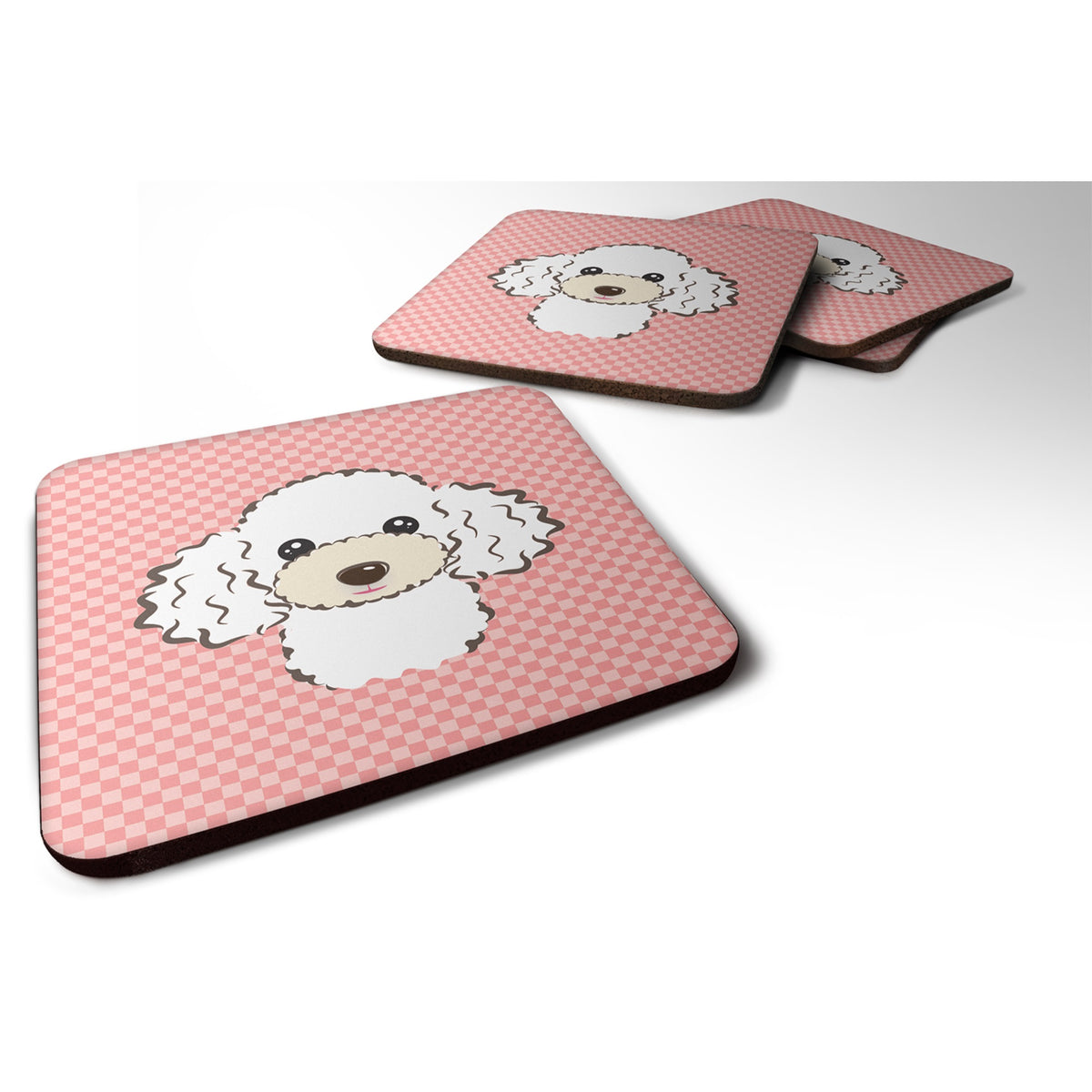 Checkerboard Pink White Poodle Foam Coaster Set Of 4
