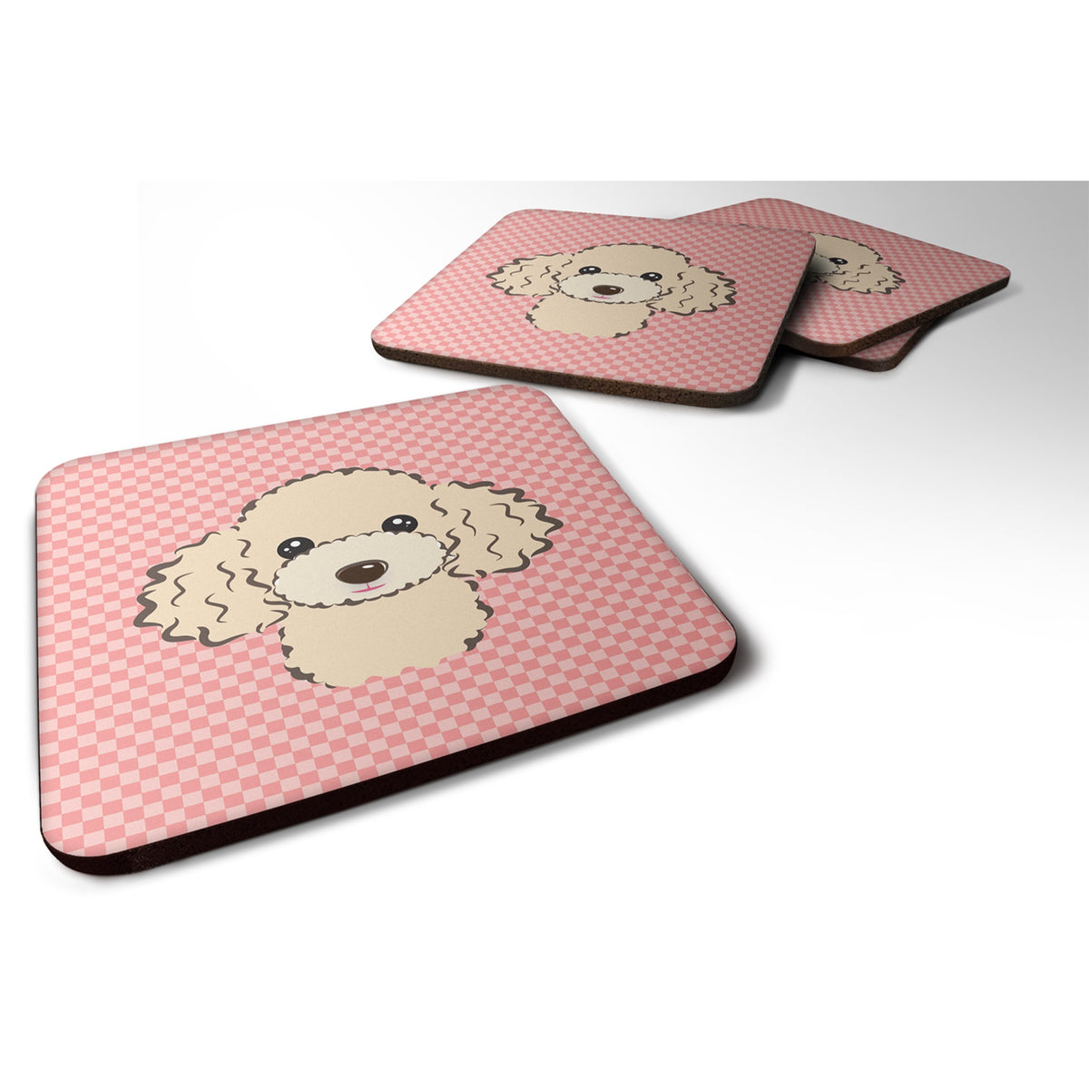 Checkerboard Pink Buff Poodle Foam Coaster Set Of 4