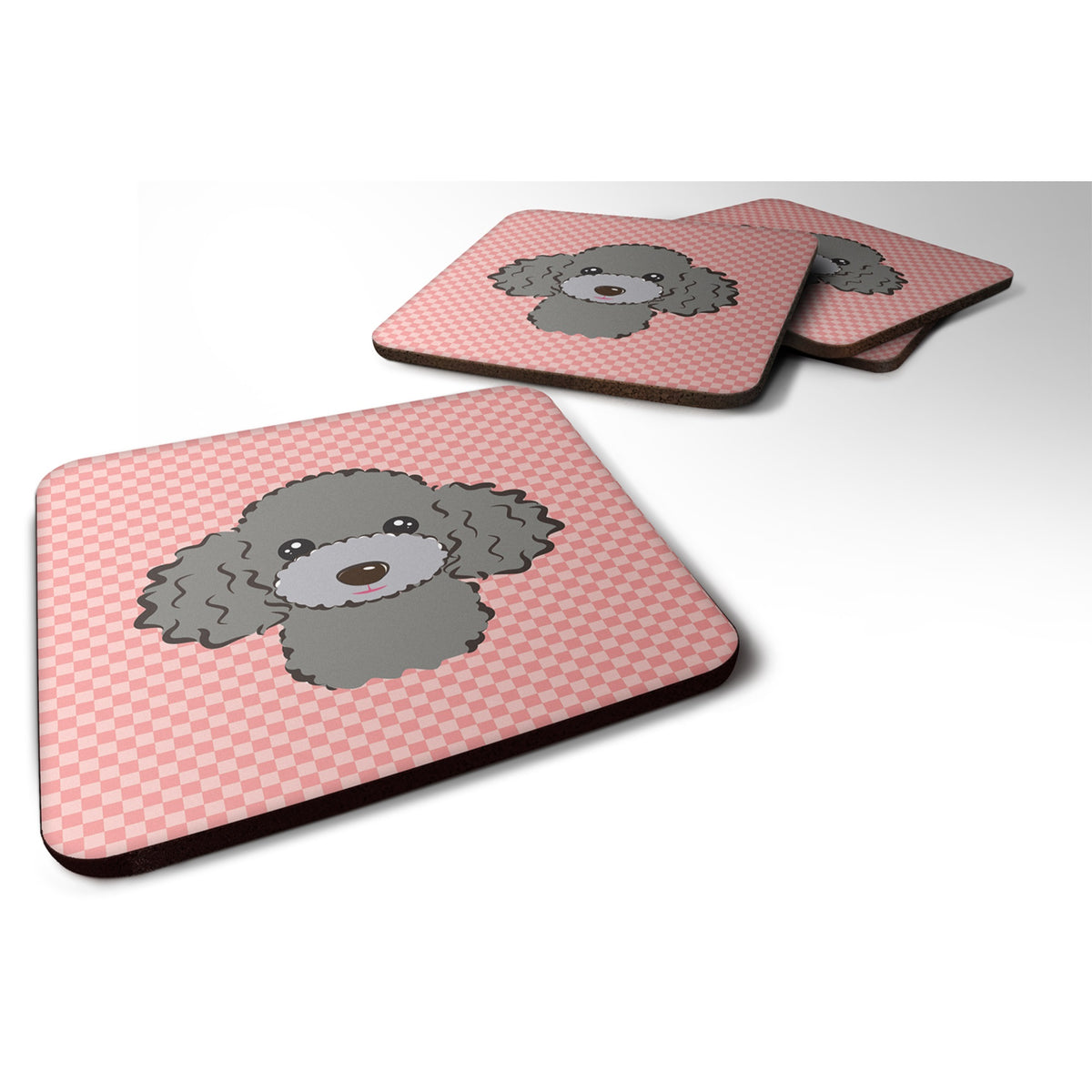 Checkerboard Pink Silver Gray Poodle Foam Coaster Set Of 4
