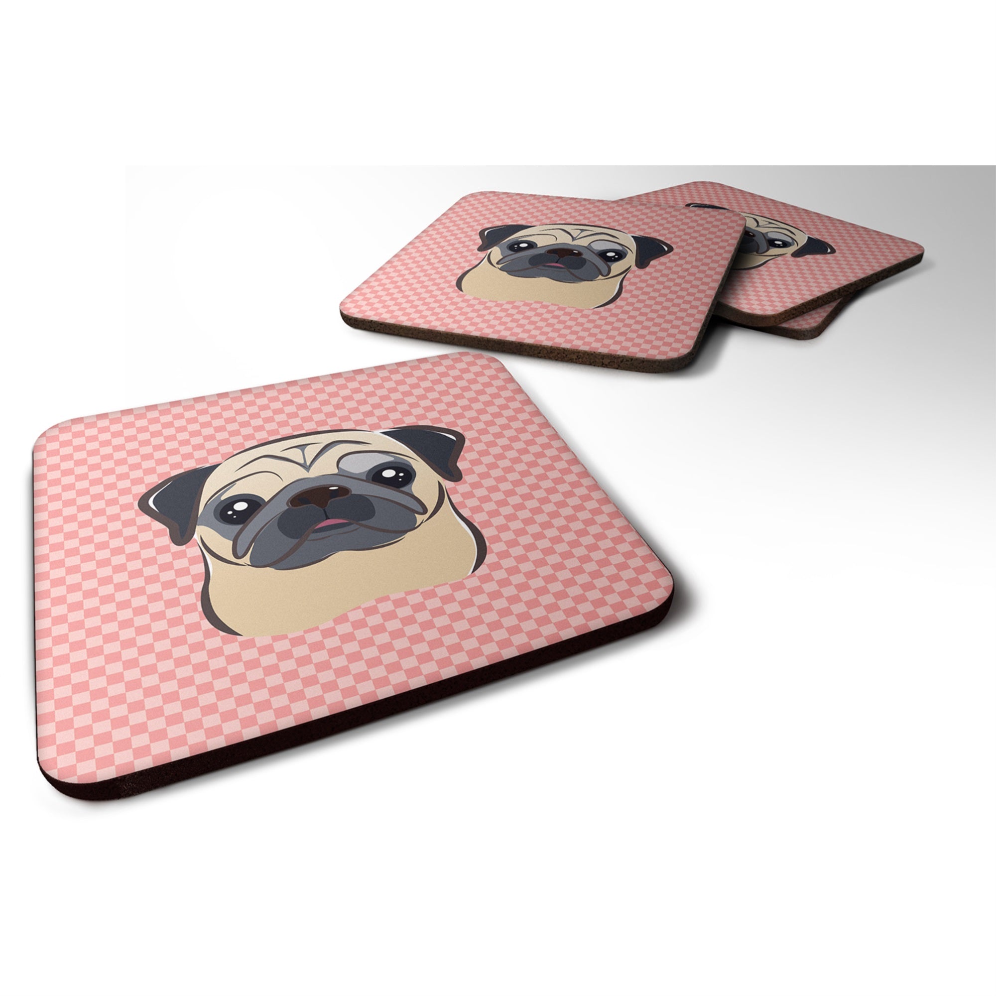 Checkerboard Pink Fawn Pug Foam Coaster Set Of 4