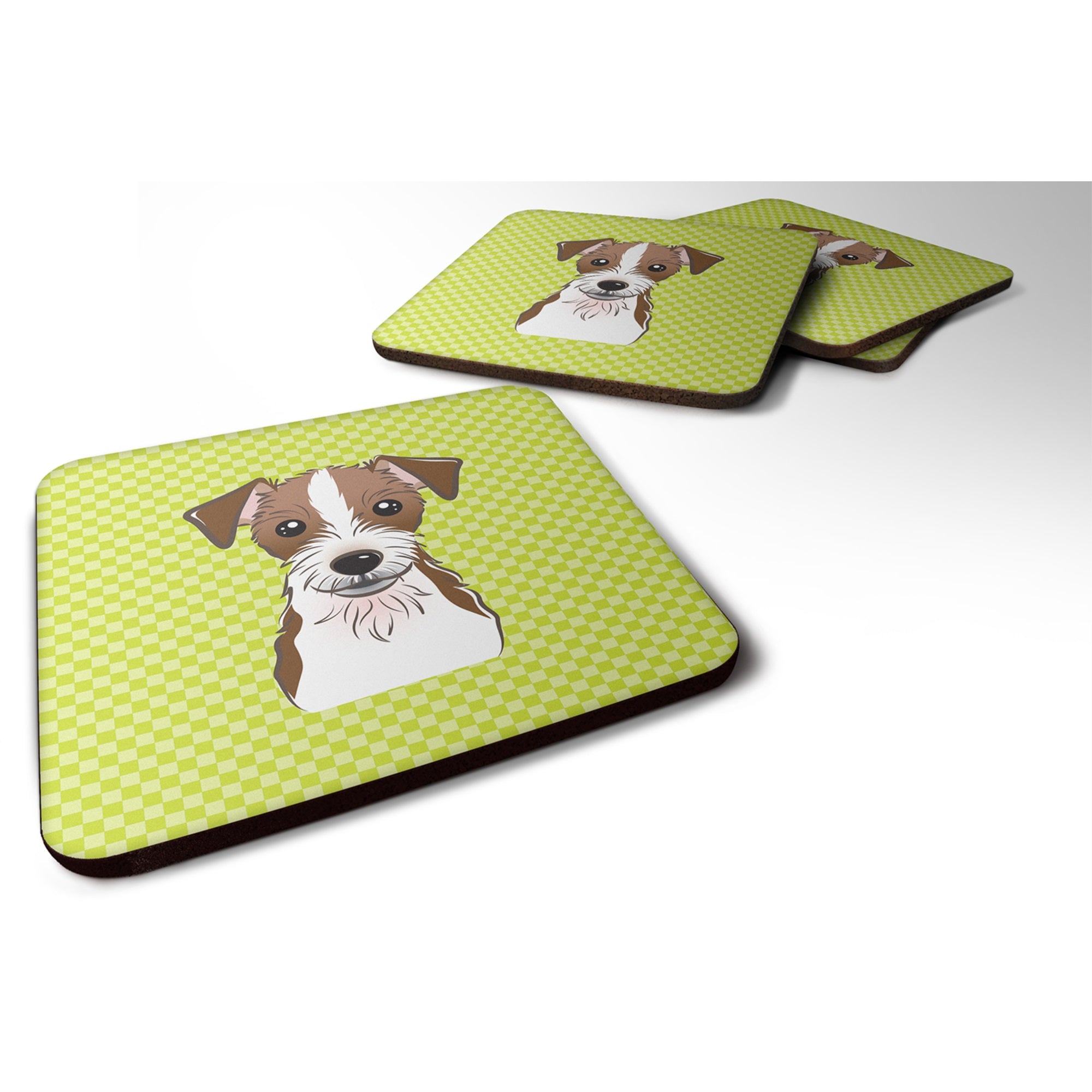 Checkerboard Lime Green Jack Russell Terrier Foam Coaster Set Of 4