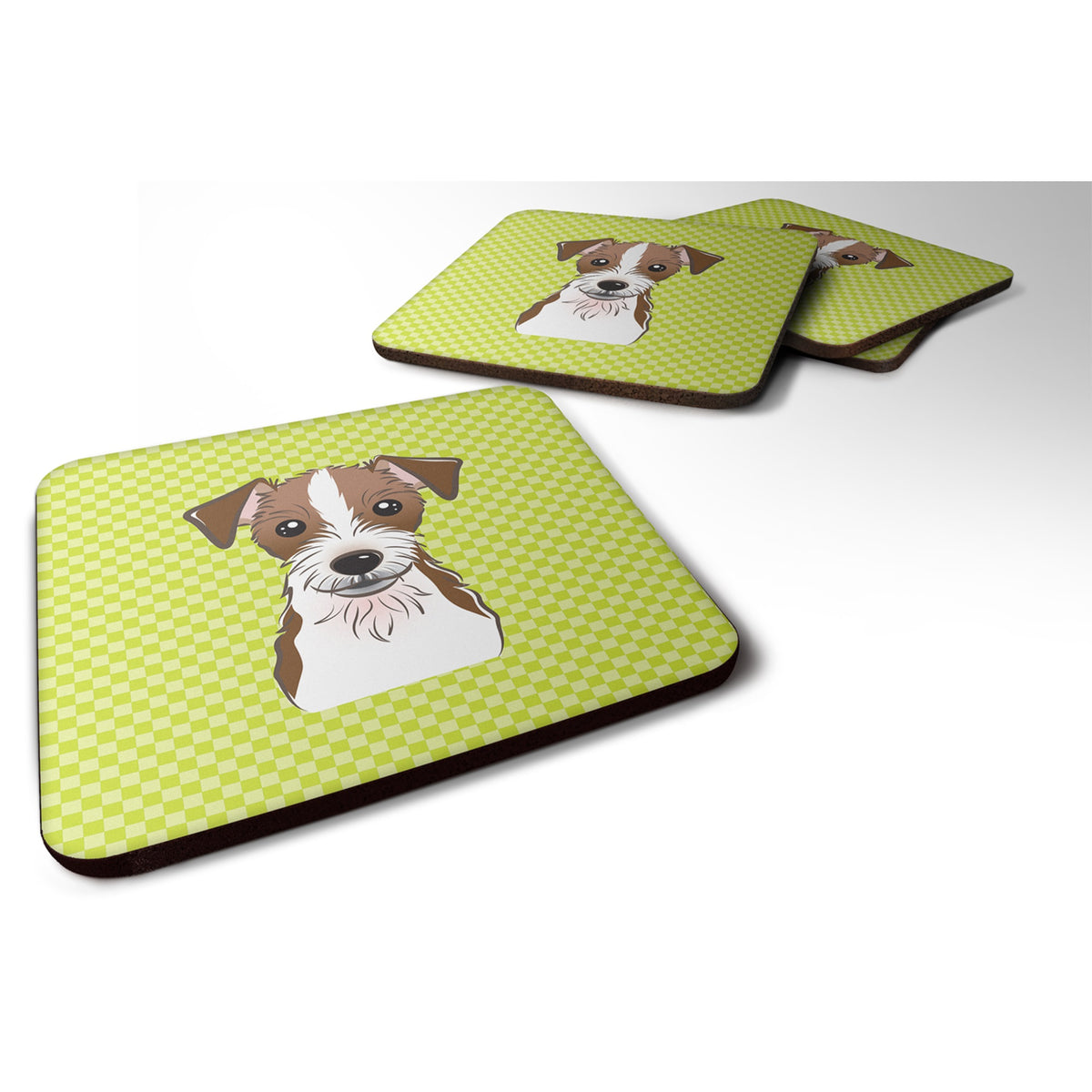 Checkerboard Lime Green Jack Russell Terrier Foam Coaster Set Of 4