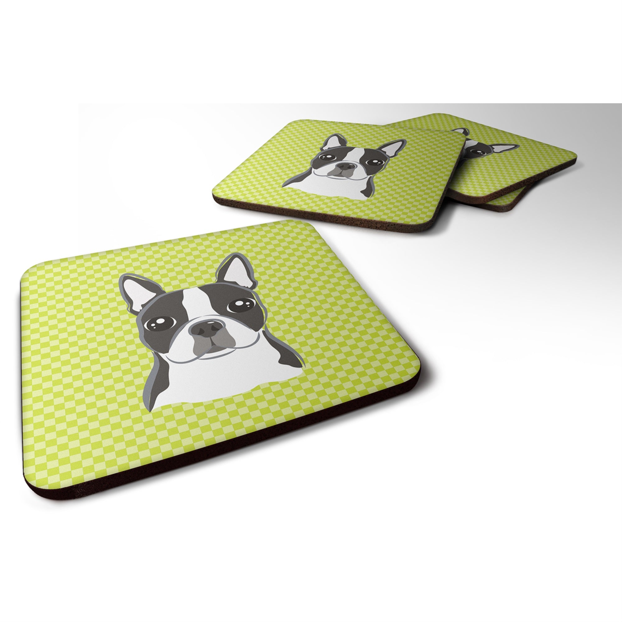 Checkerboard Lime Green Boston Terrier Foam Coaster Set Of 4