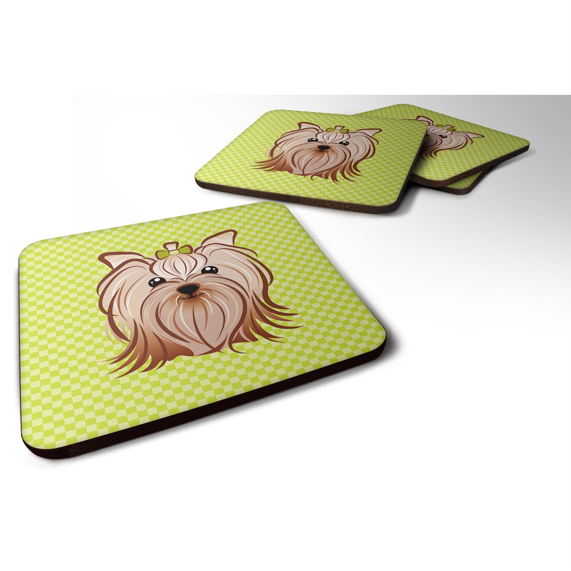 Checkerboard Lime Green Yorkie Yorkishire Terrier Foam Coaster Set Of 4