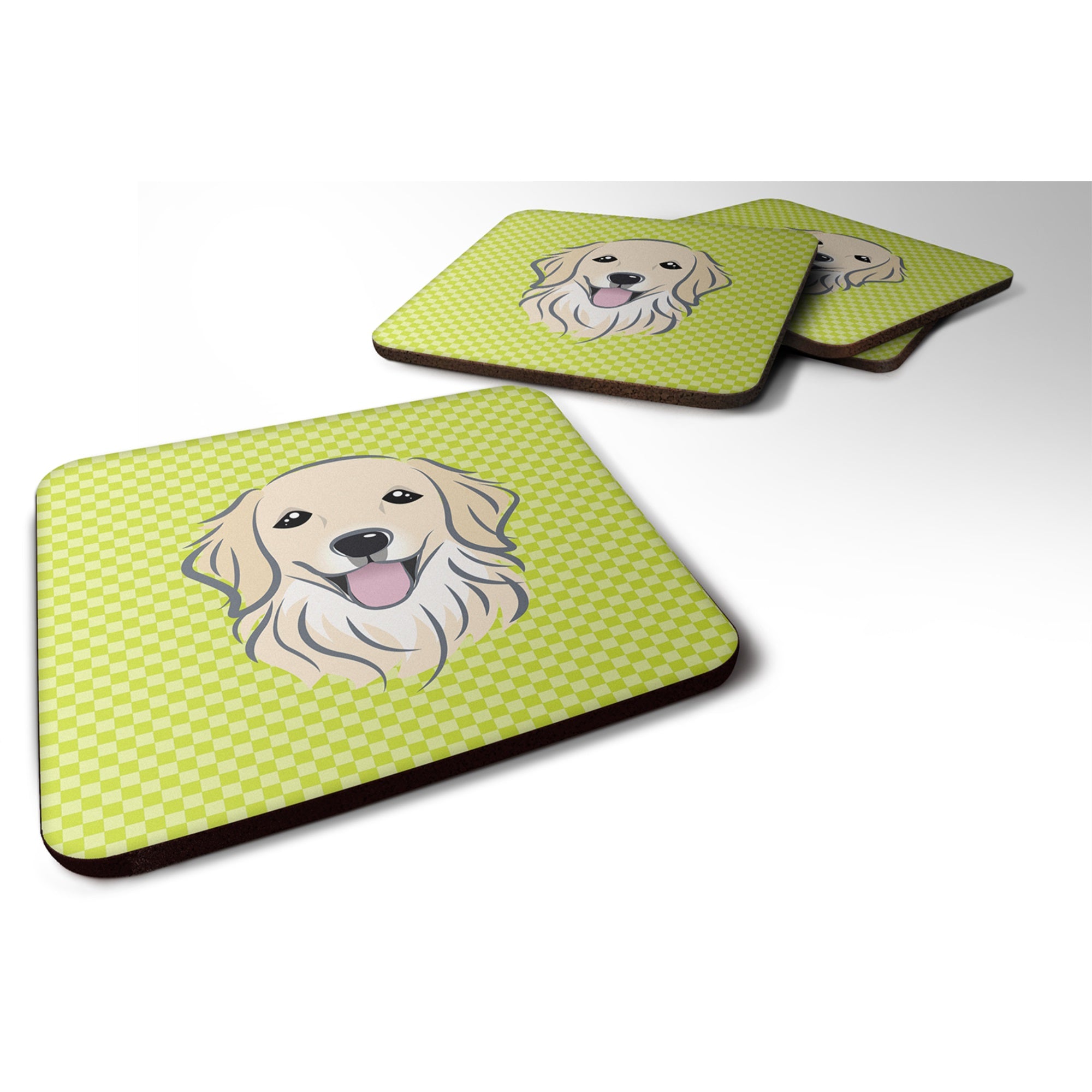 Checkerboard Lime Green Golden Retriever Foam Coaster Set Of 4