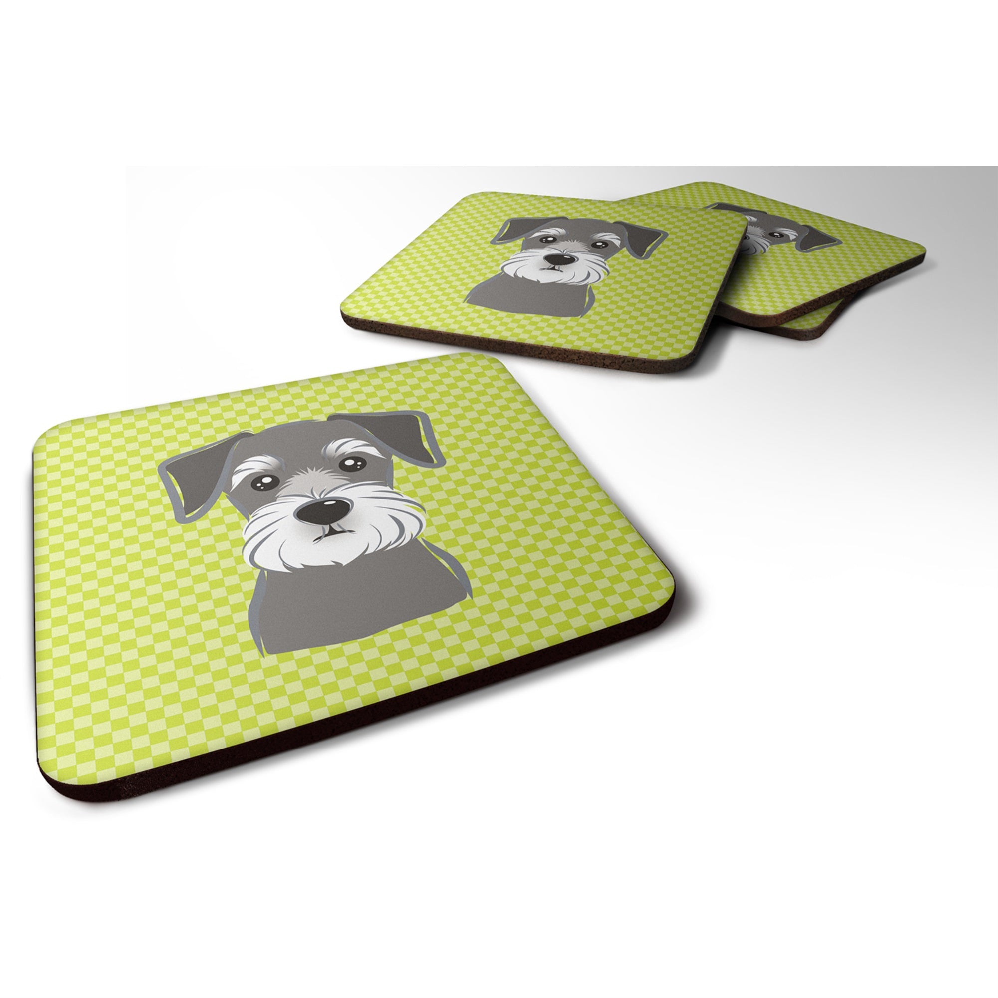 Checkerboard Lime Green Schnauzer Foam Coaster Set Of 4
