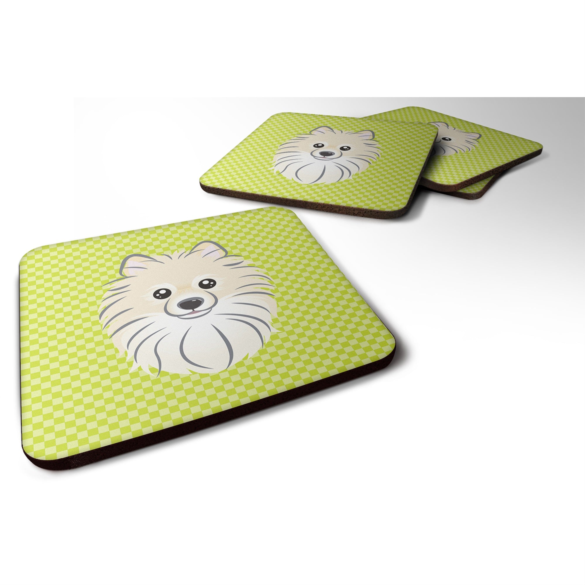 Checkerboard Lime Green Pomeranian Foam Coaster Set Of 4
