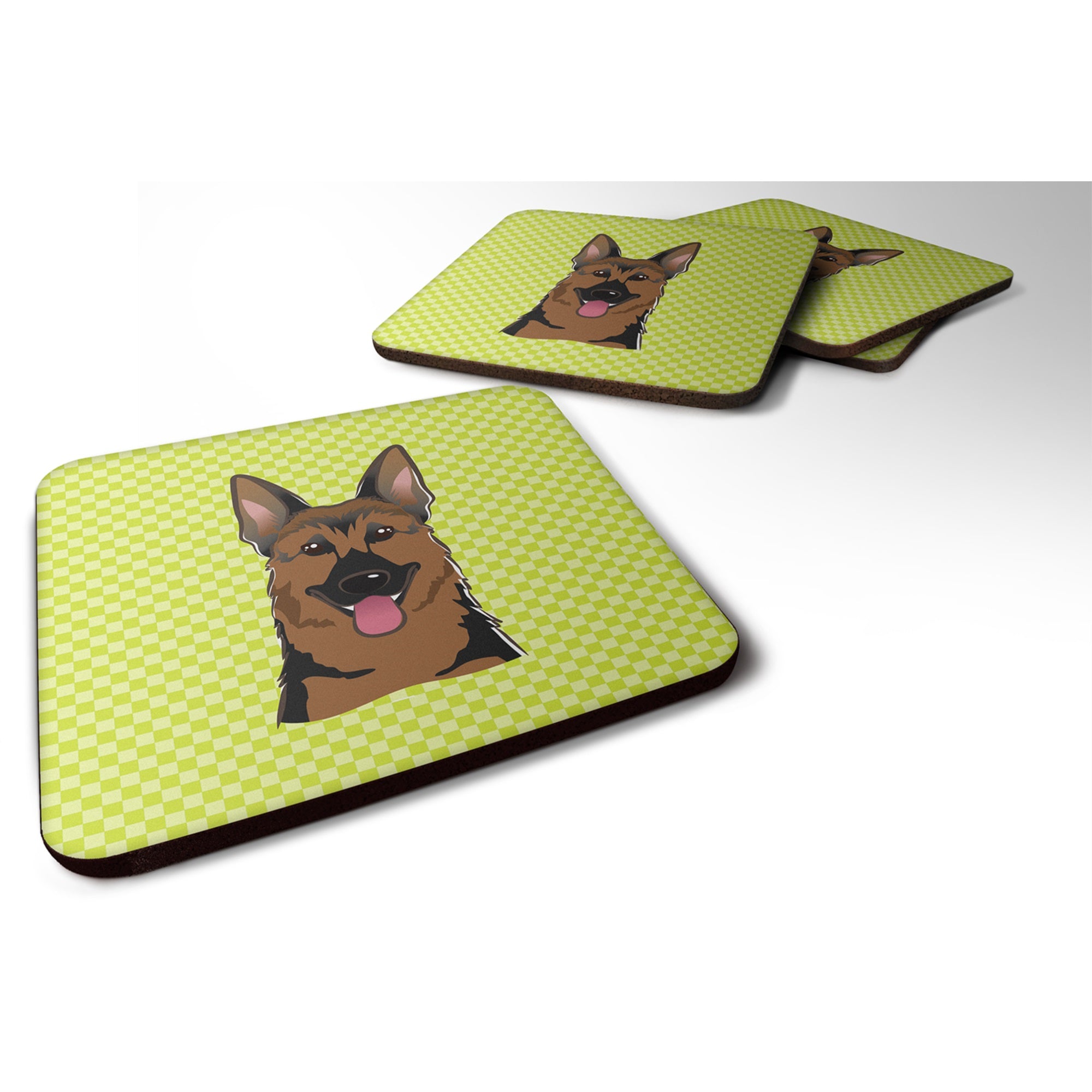 Checkerboard Lime Green German Shepherd Foam Coaster Set Of 4