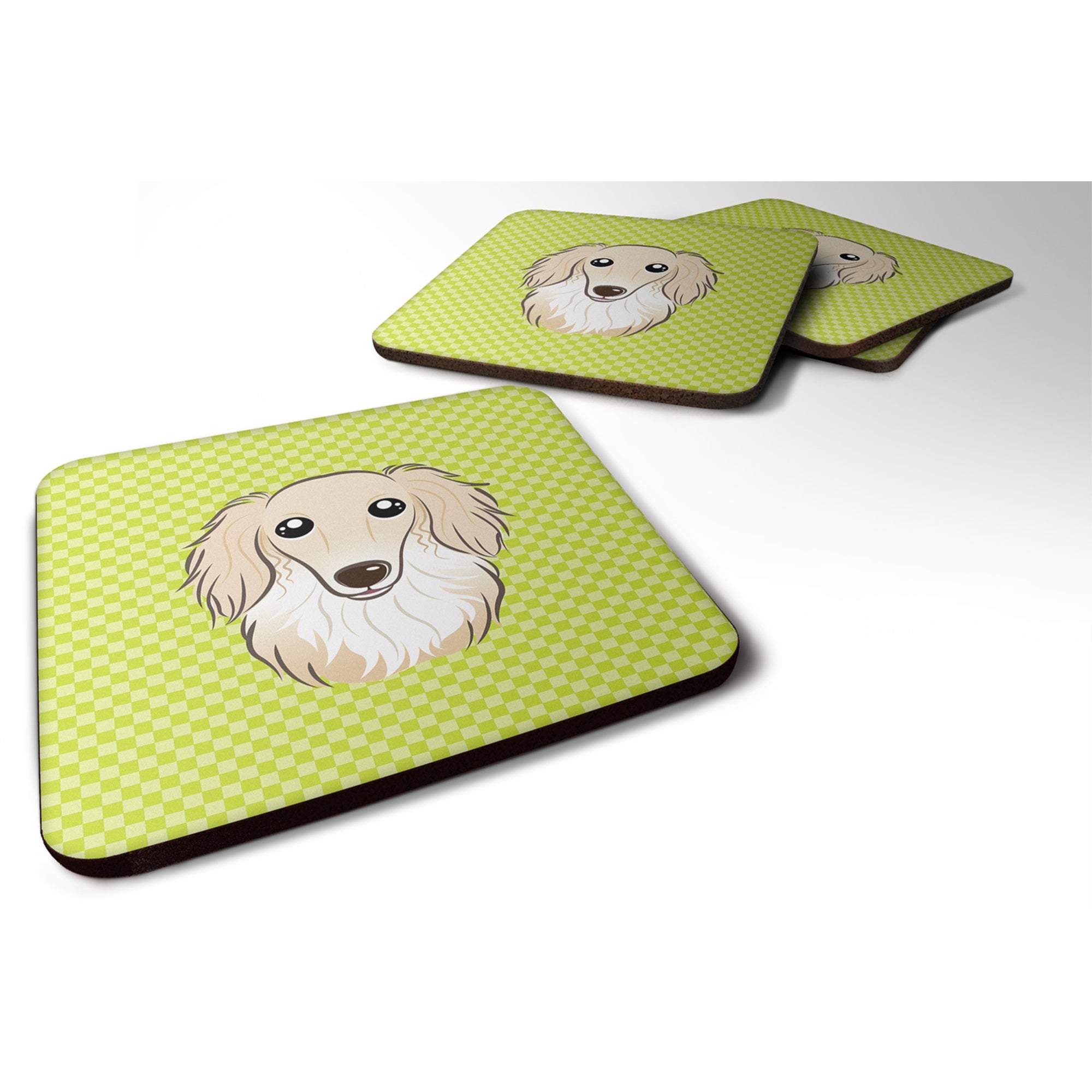 Checkerboard Lime Green Longhair Creme Dachshund Foam Coaster Set Of 4