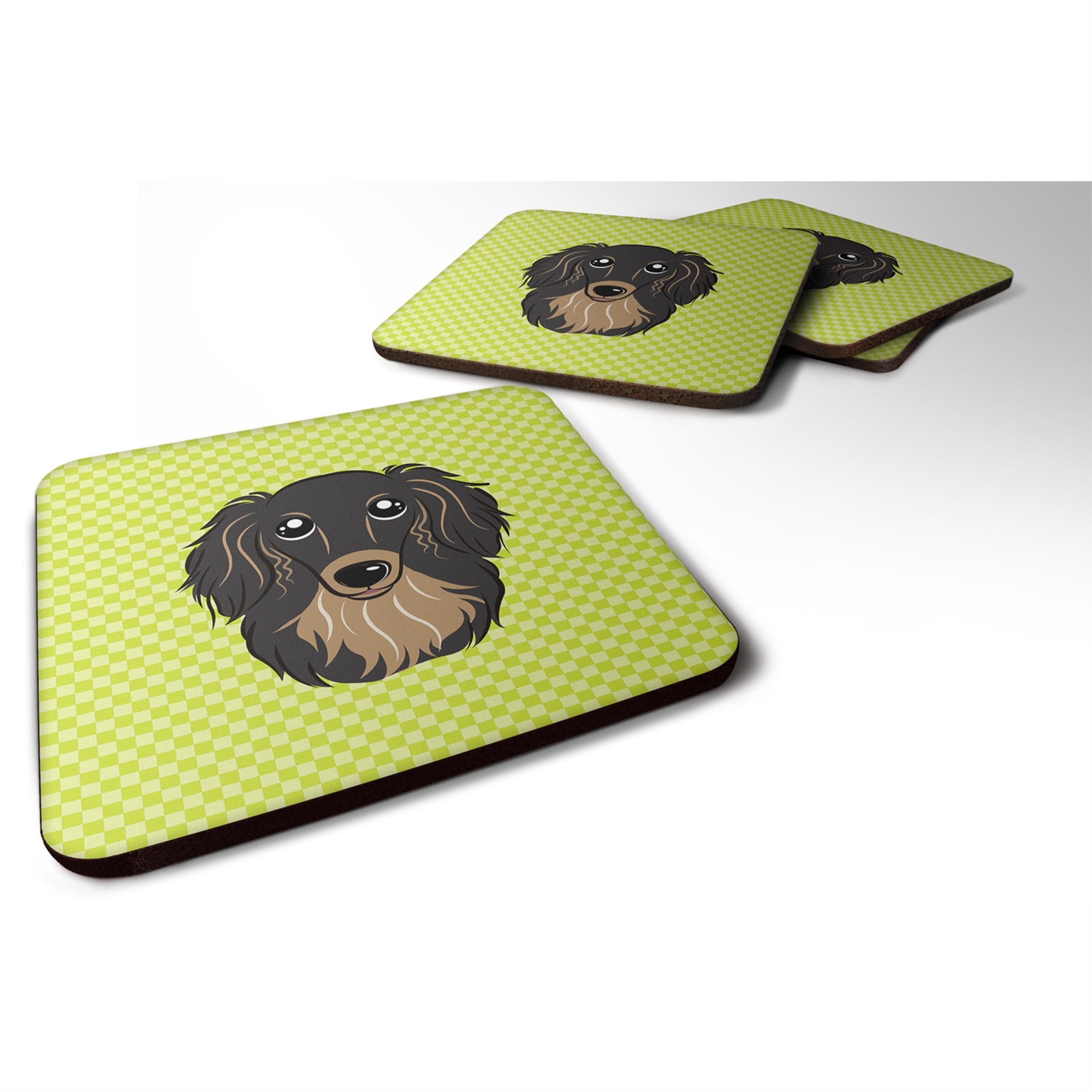 Checkerboard Lime Green Longhair Black And Tan Dachshund Foam Coaster Set Of 4