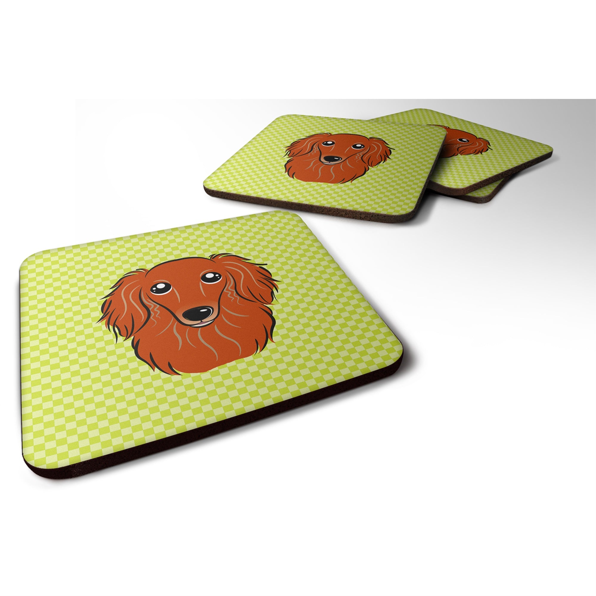 Checkerboard Lime Green Longhair Red Dachshund Foam Coaster Set Of 4
