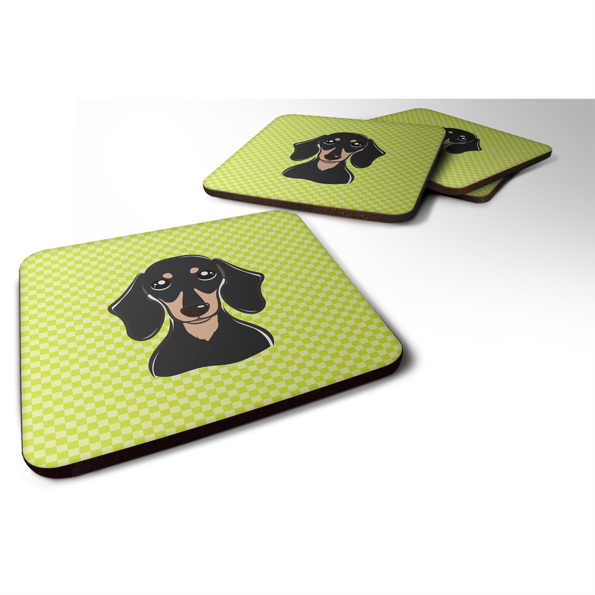 Checkerboard Lime Green Smooth Black And Tan Dachshund Foam Coaster Set Of 4