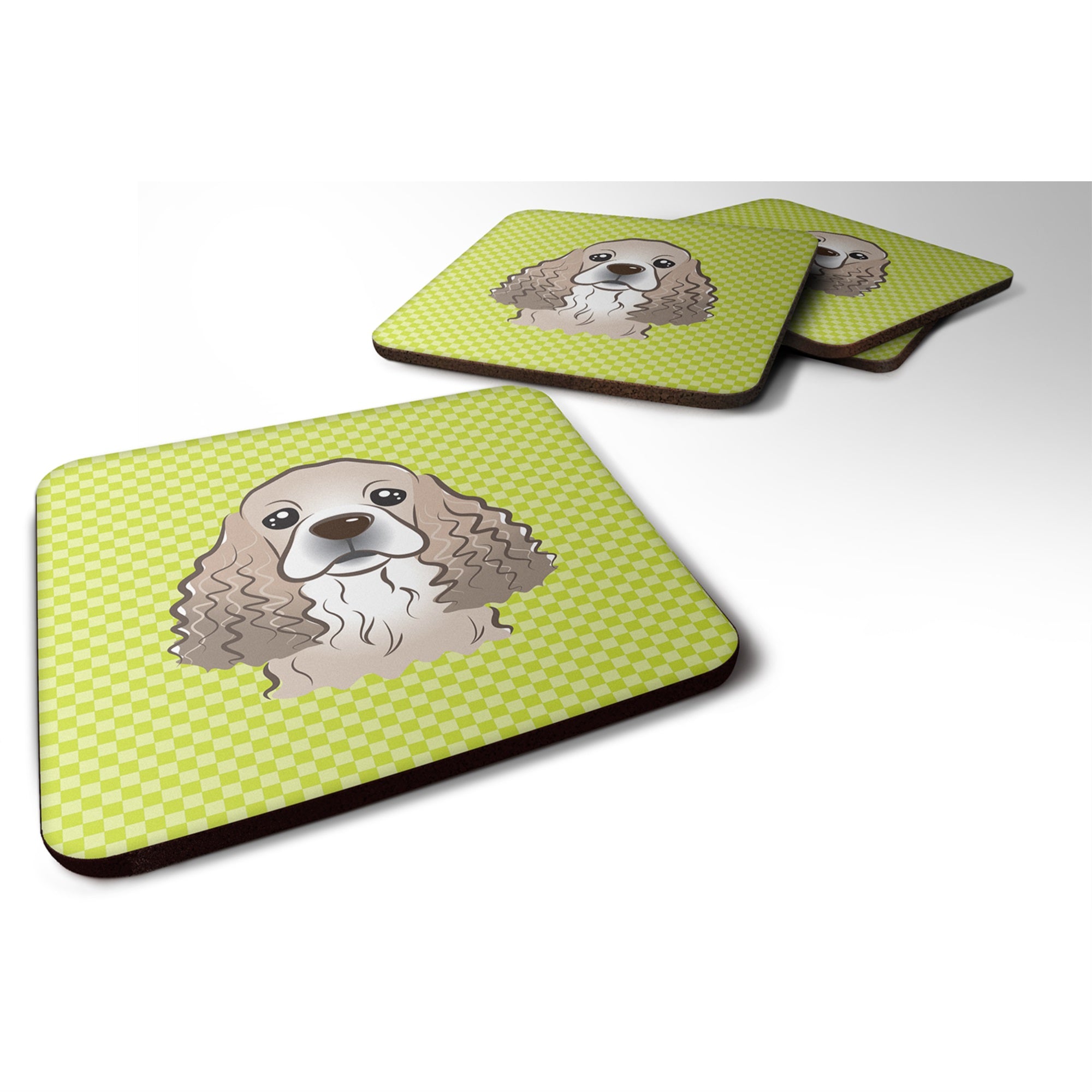 Checkerboard Lime Green Cocker Spaniel Foam Coaster Set Of 4