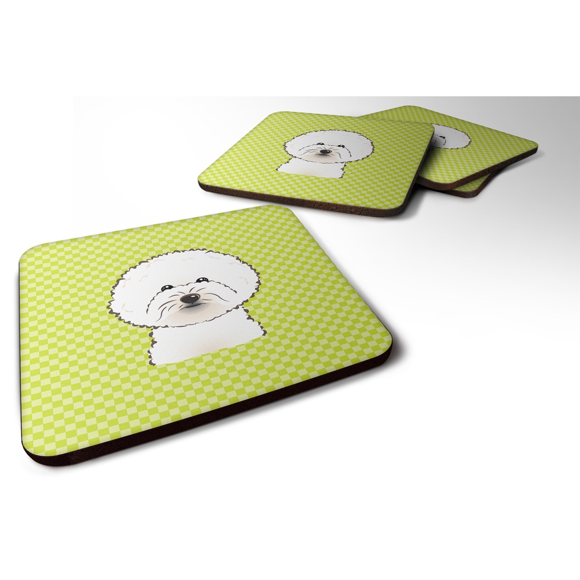 Checkerboard Lime Green Bichon Frise Foam Coaster Set Of 4