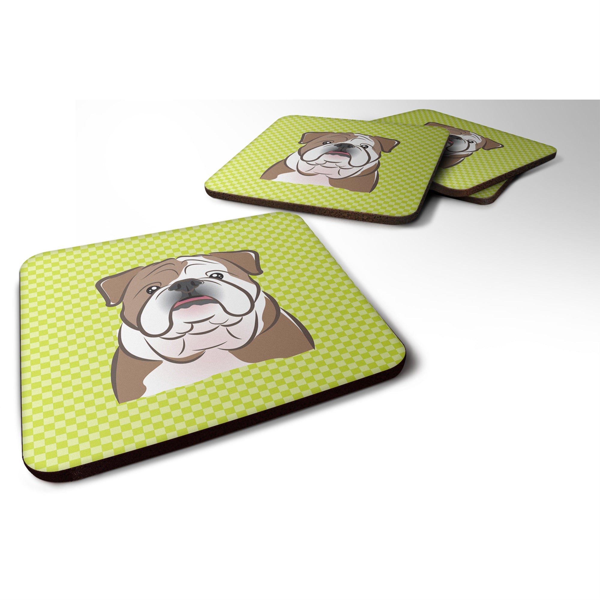 Checkerboard Lime Green English Bulldog  Foam Coaster Set Of 4