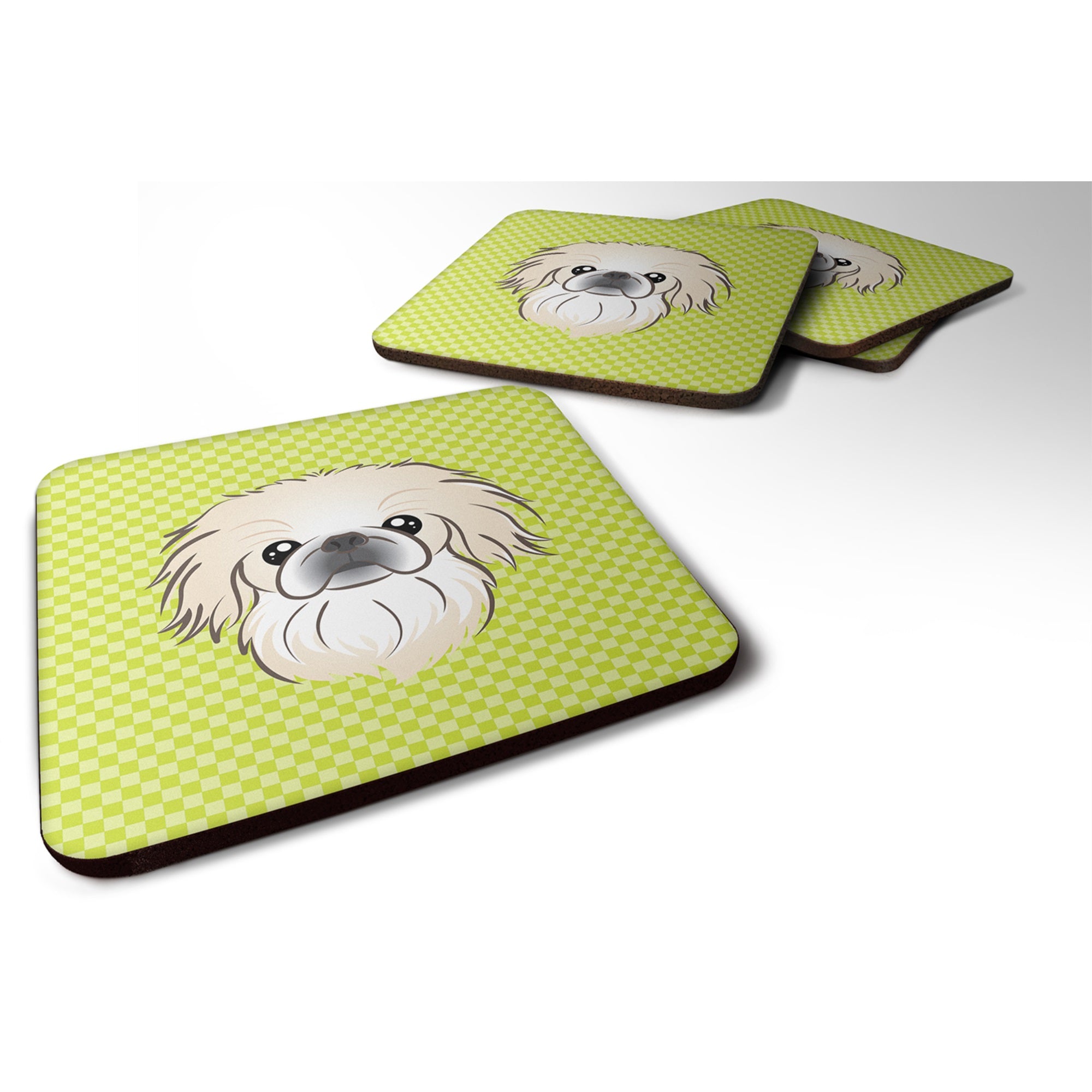 Checkerboard Lime Green Pekingese Foam Coaster Set Of 4