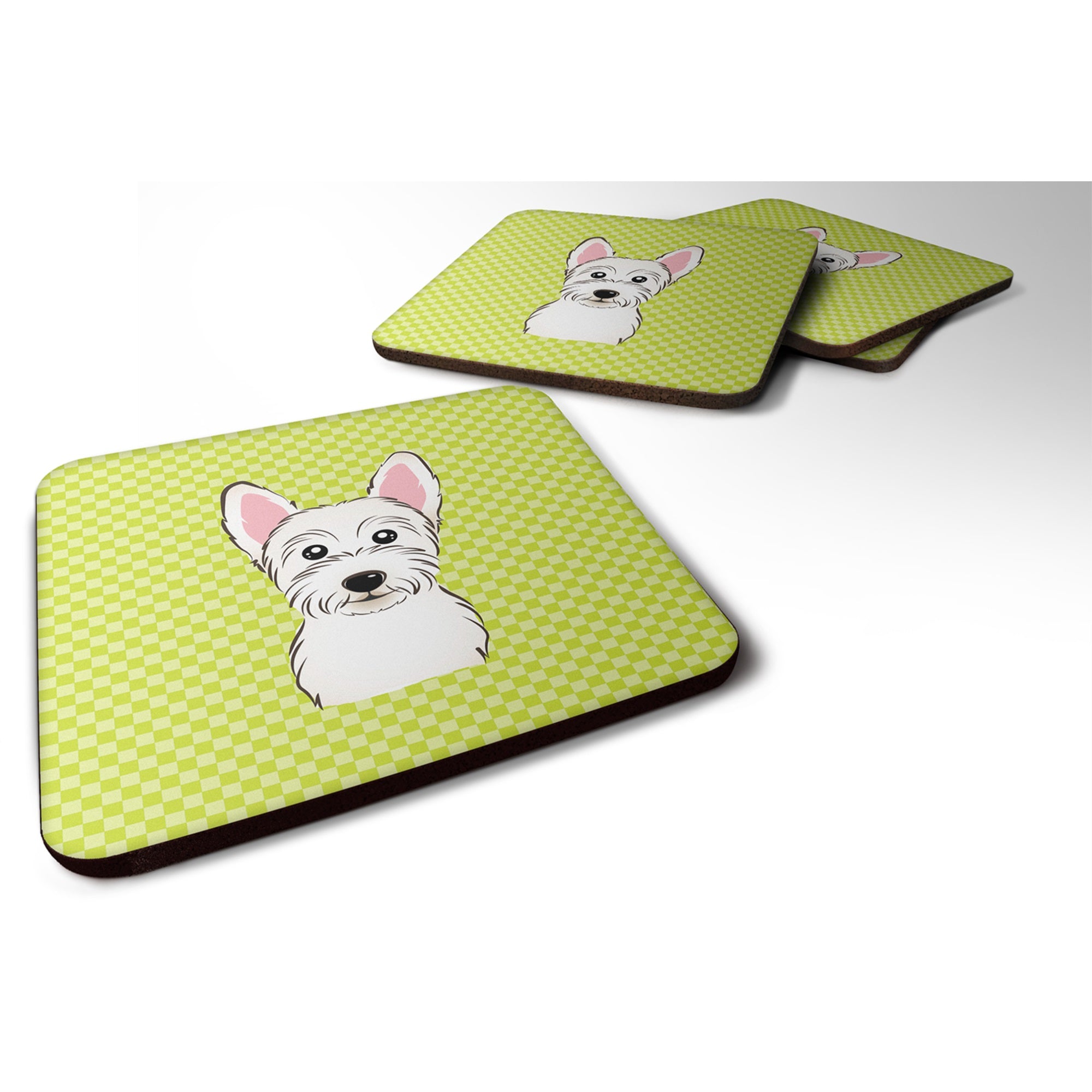 Checkerboard Lime Green Westie Foam Coaster Set Of 4