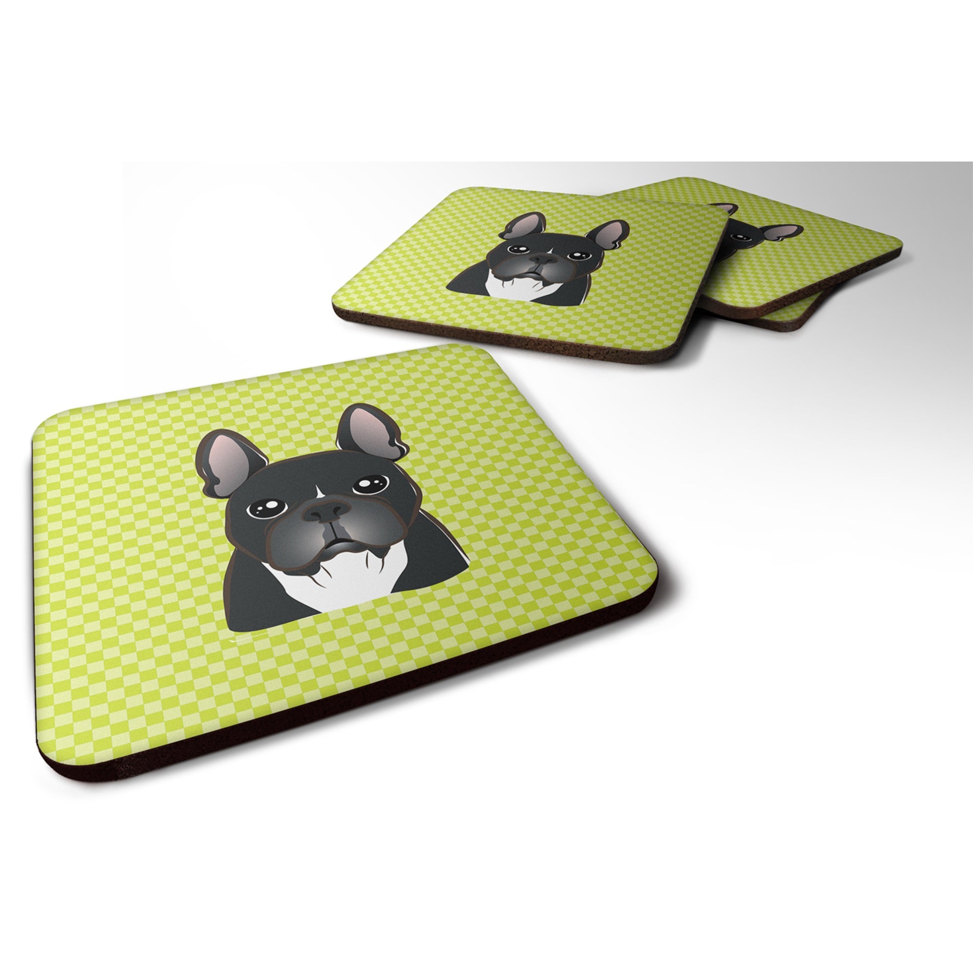 Checkerboard Lime Green French Bulldog Foam Coaster Set Of 4