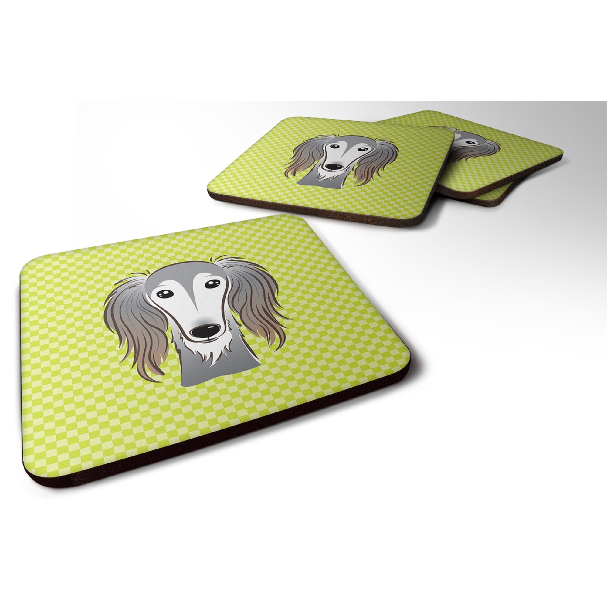 Checkerboard Lime Green Saluki Foam Coaster Set Of 4