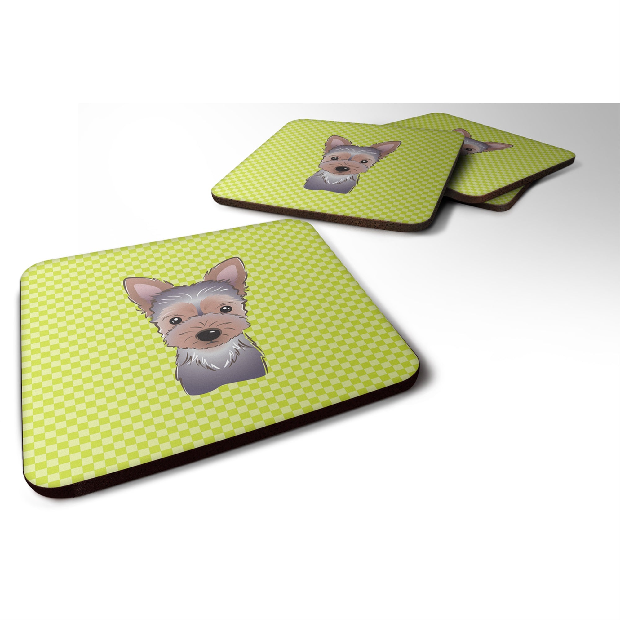 Checkerboard Lime Green Yorkie Puppy Foam Coaster Set Of 4