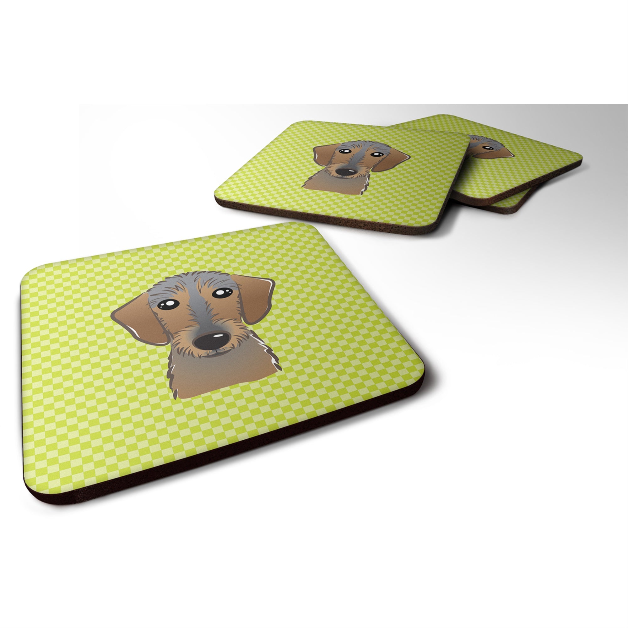 Checkerboard Lime Green Wirehaired Dachshund Foam Coaster Set Of 4