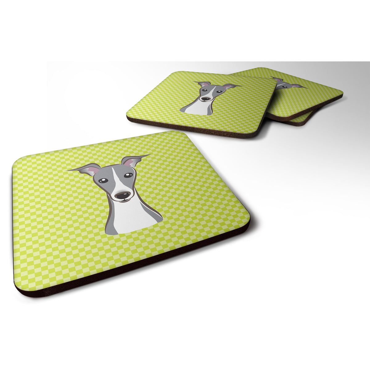 Checkerboard Lime Green Italian Greyhound Foam Coaster Set Of 4