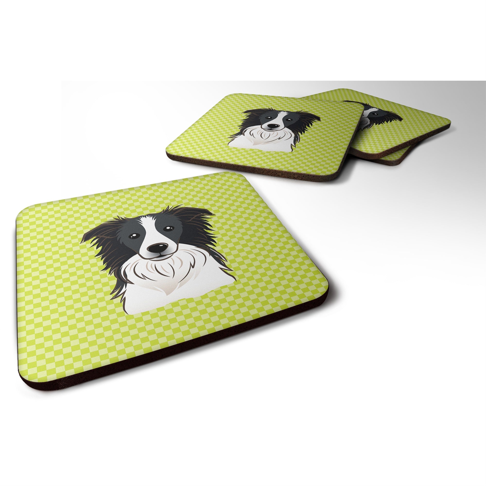 Checkerboard Lime Green Border Collie Foam Coaster Set Of 4