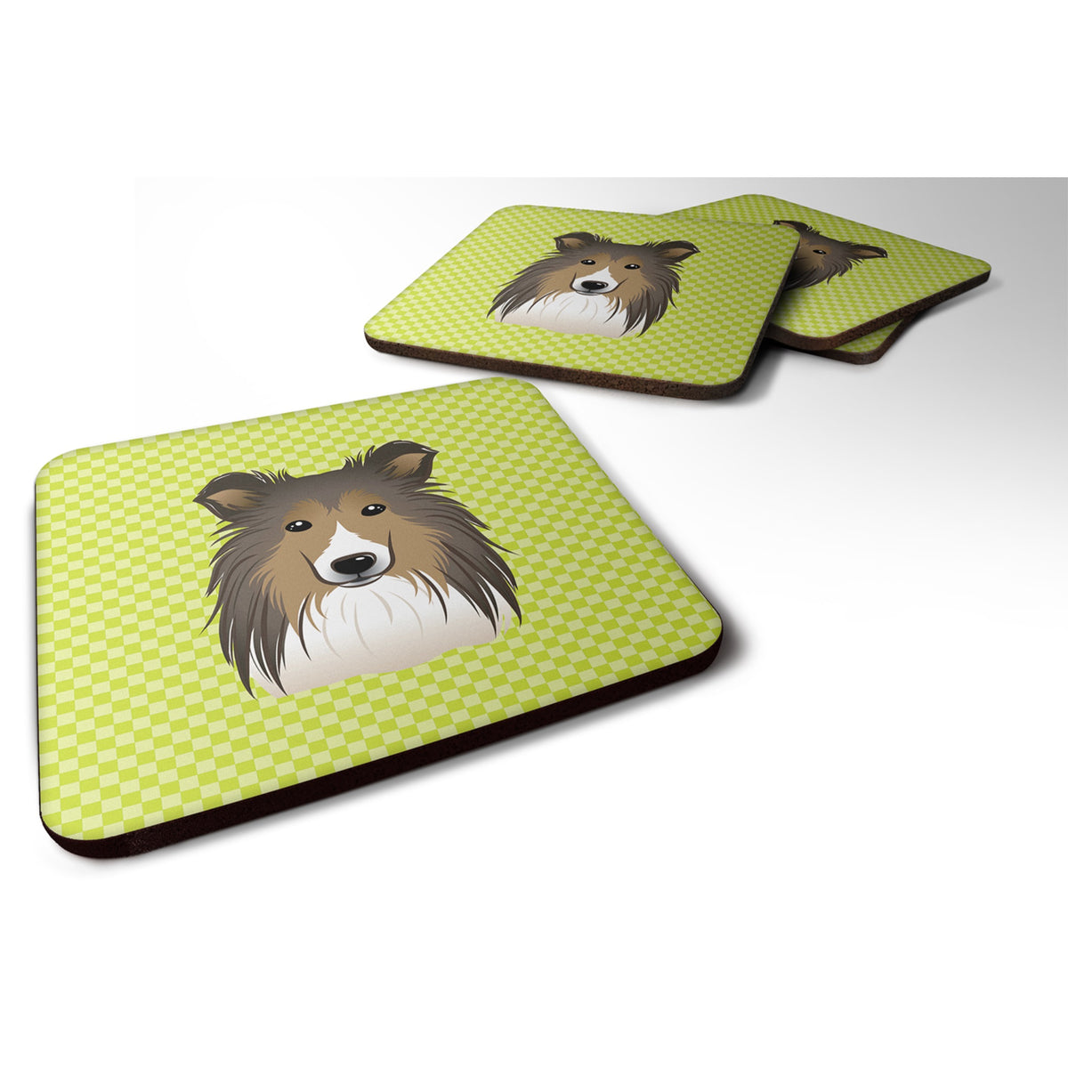 Checkerboard Lime Green Sheltie Foam Coaster Set Of 4