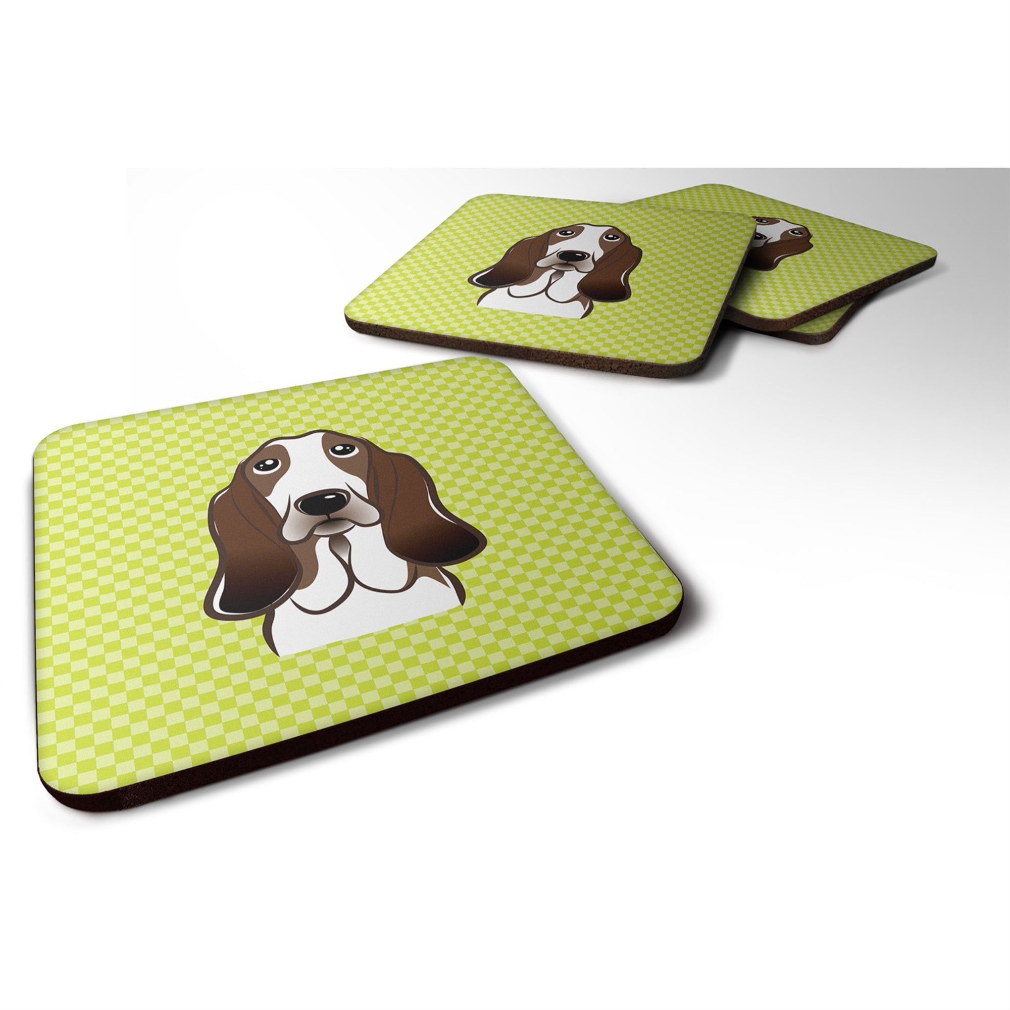 Checkerboard Lime Green Basset Hound Foam Coaster Set Of 4