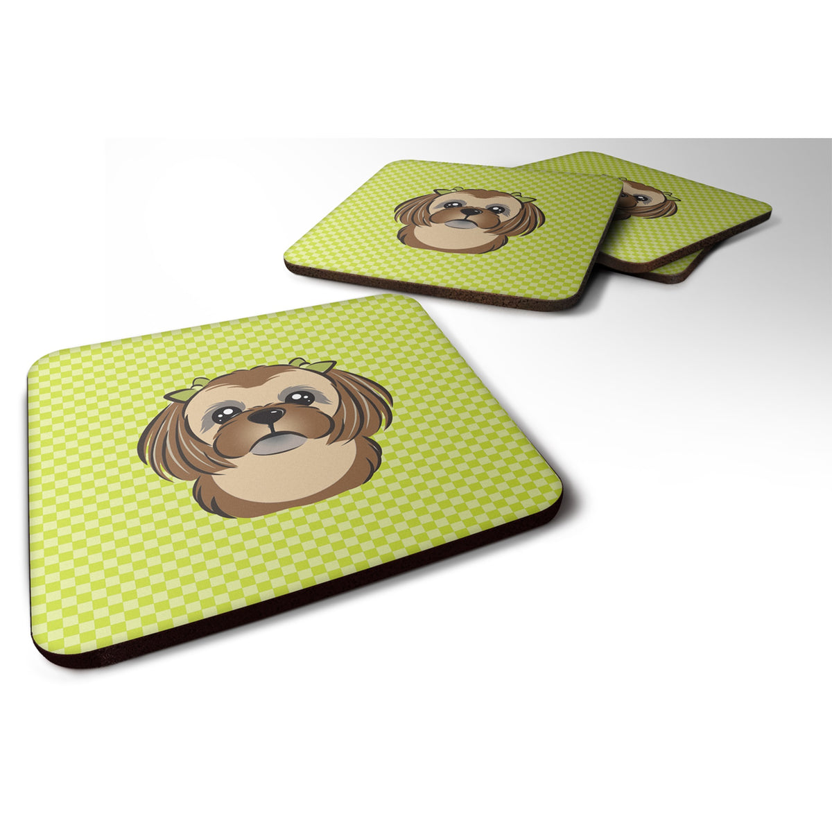 Checkerboard Lime Green Chocolate Brown Shih Tzu Foam Coaster Set Of 4