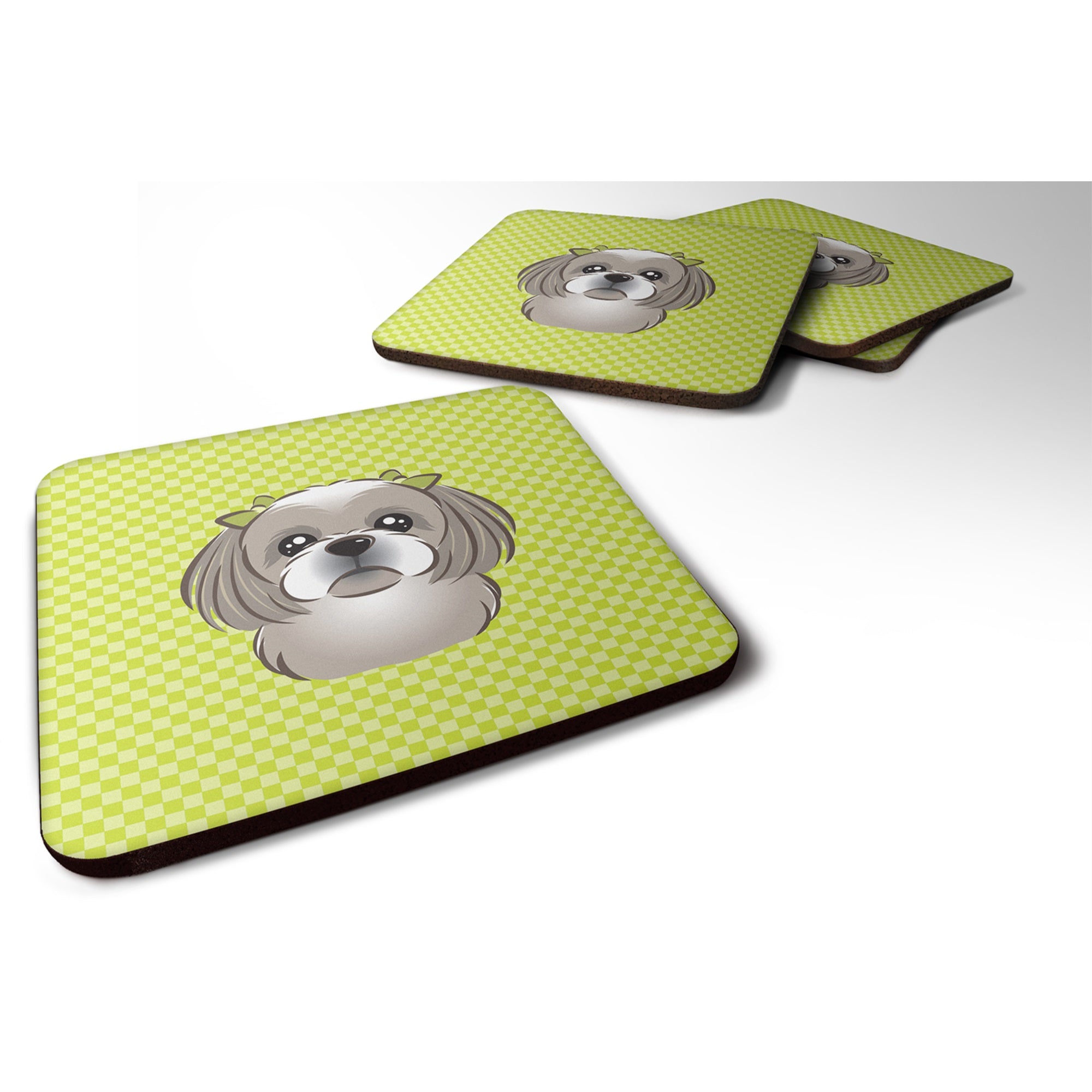 Checkerboard Lime Green Gray Silver Shih Tzu Foam Coaster Set Of 4