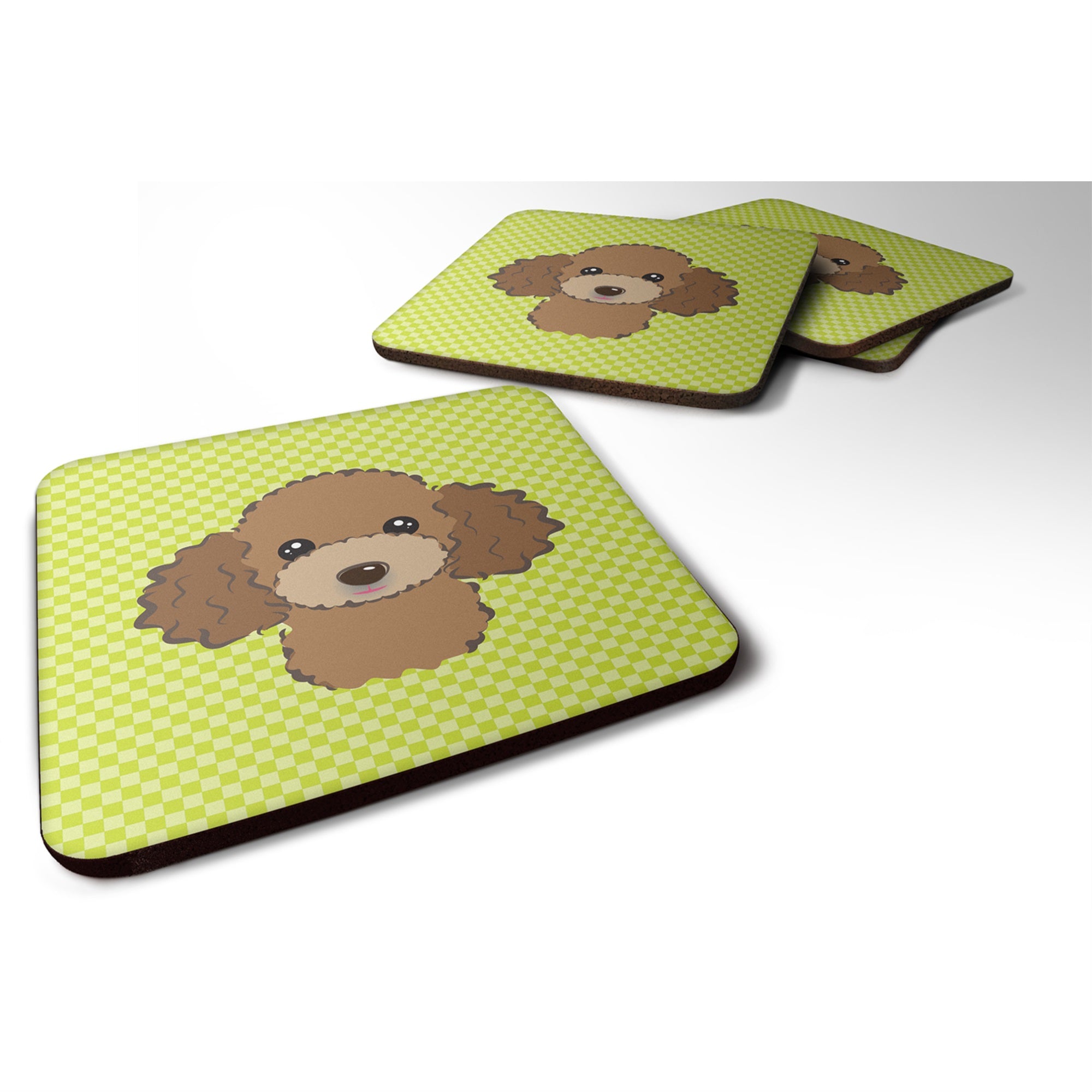 Checkerboard Lime Green Chocolate Brown Poodle Foam Coaster Set Of 4