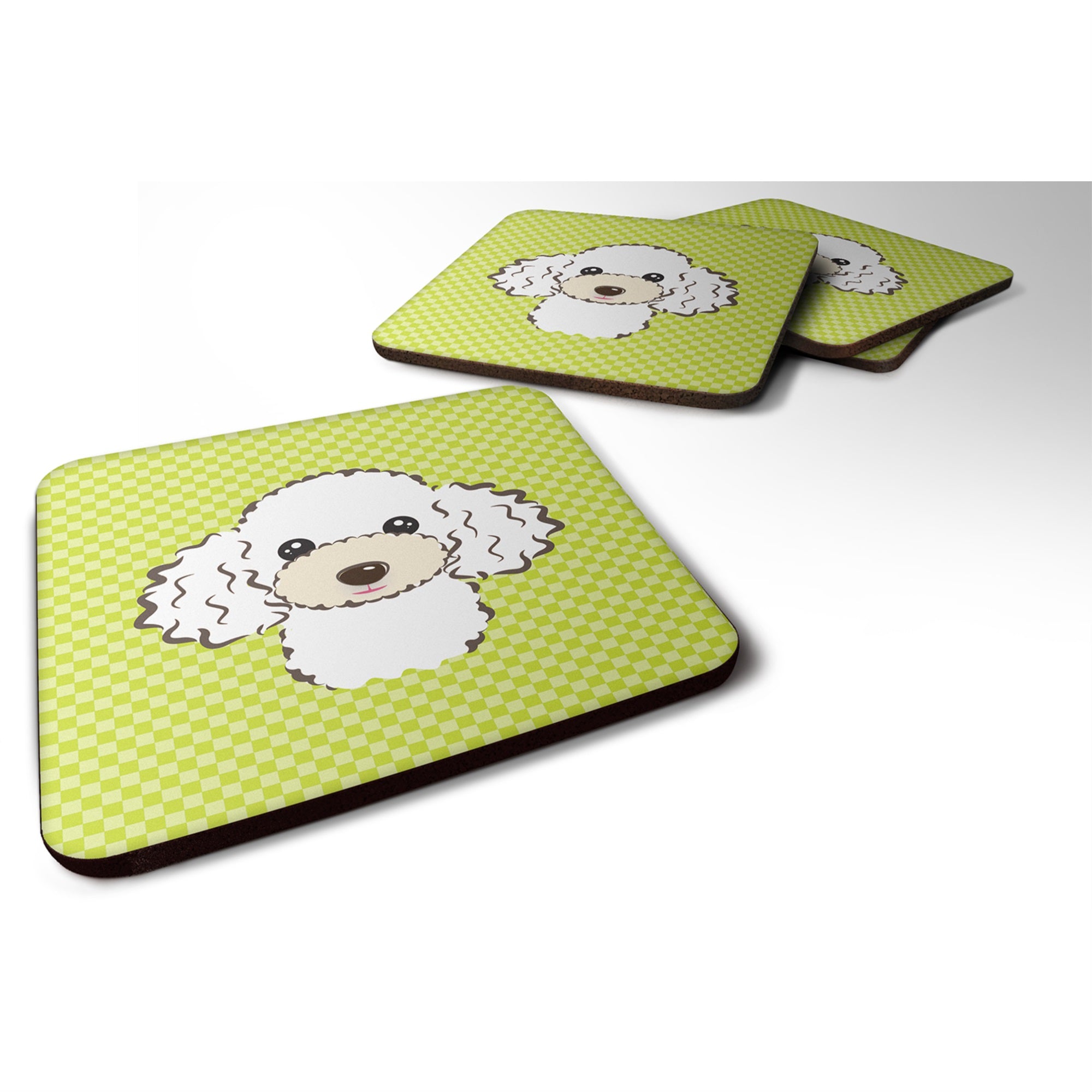 Checkerboard Lime Green White Poodle Foam Coaster Set Of 4