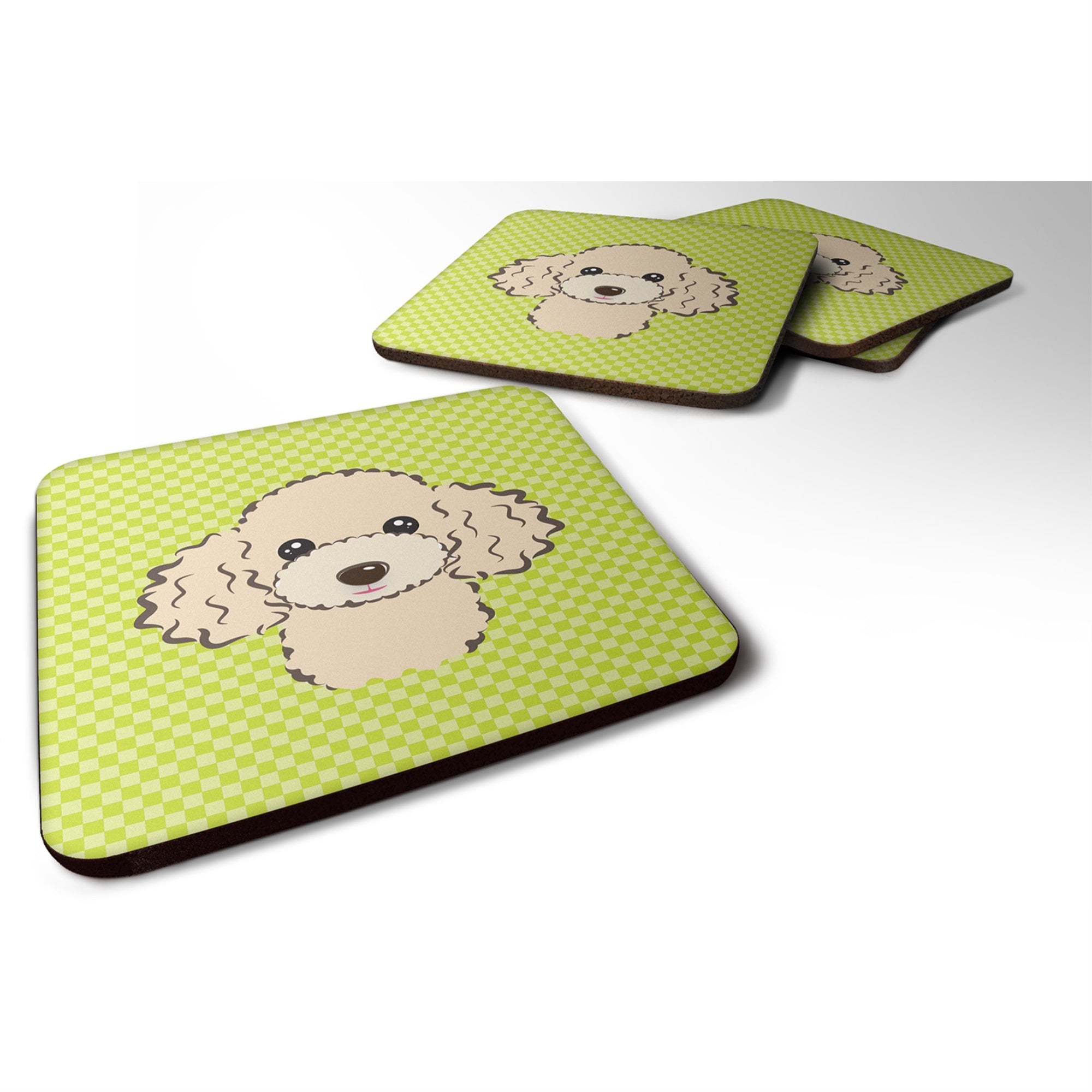 Checkerboard Lime Green Buff Poodle Foam Coaster Set Of 4
