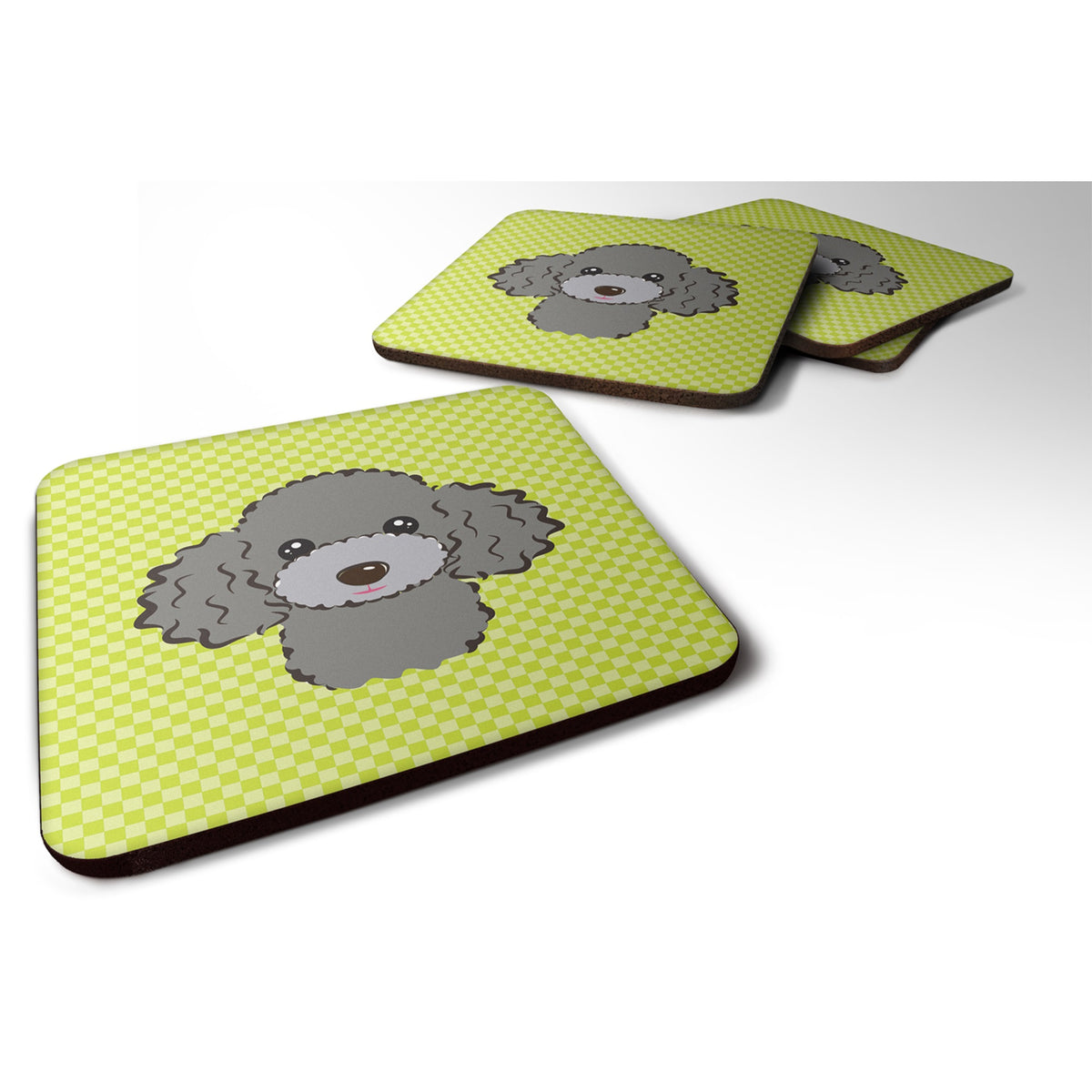 Checkerboard Lime Green Silver Gray Poodle Foam Coaster Set Of 4