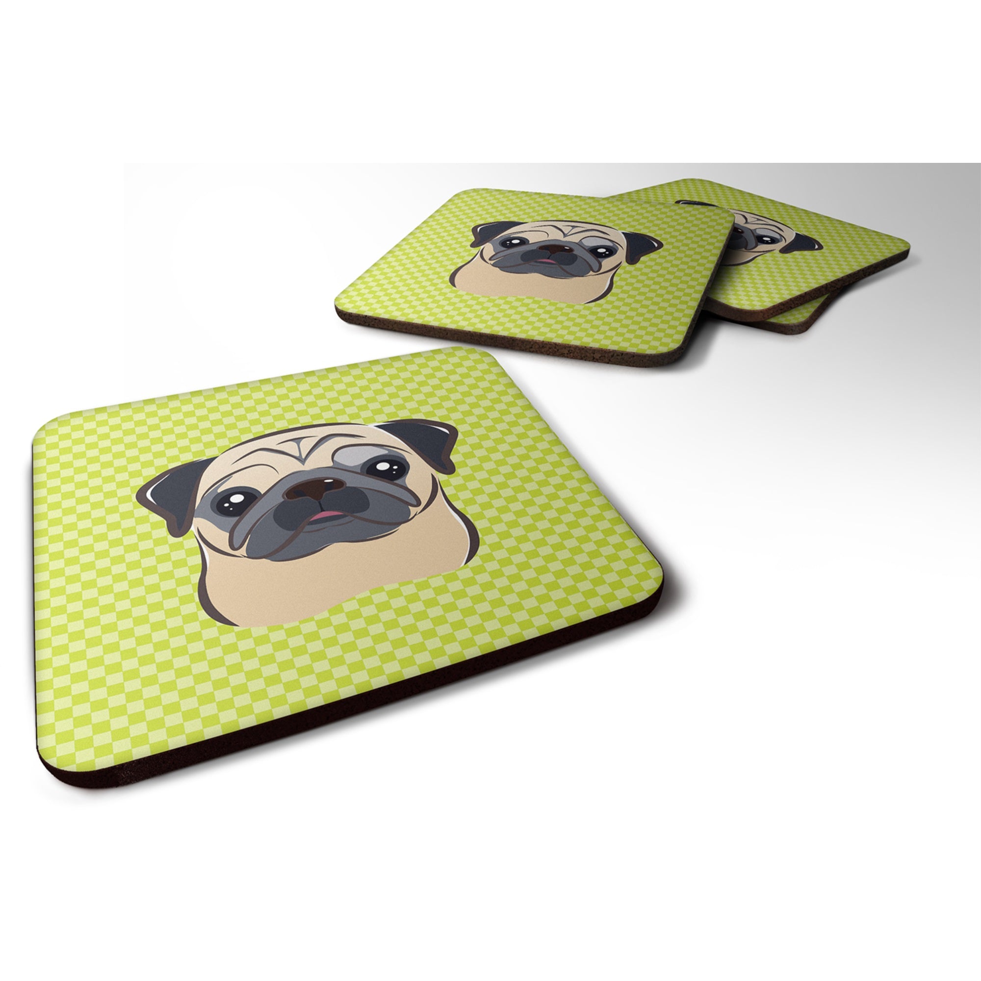 Checkerboard Lime Green Fawn Pug Foam Coaster Set Of 4