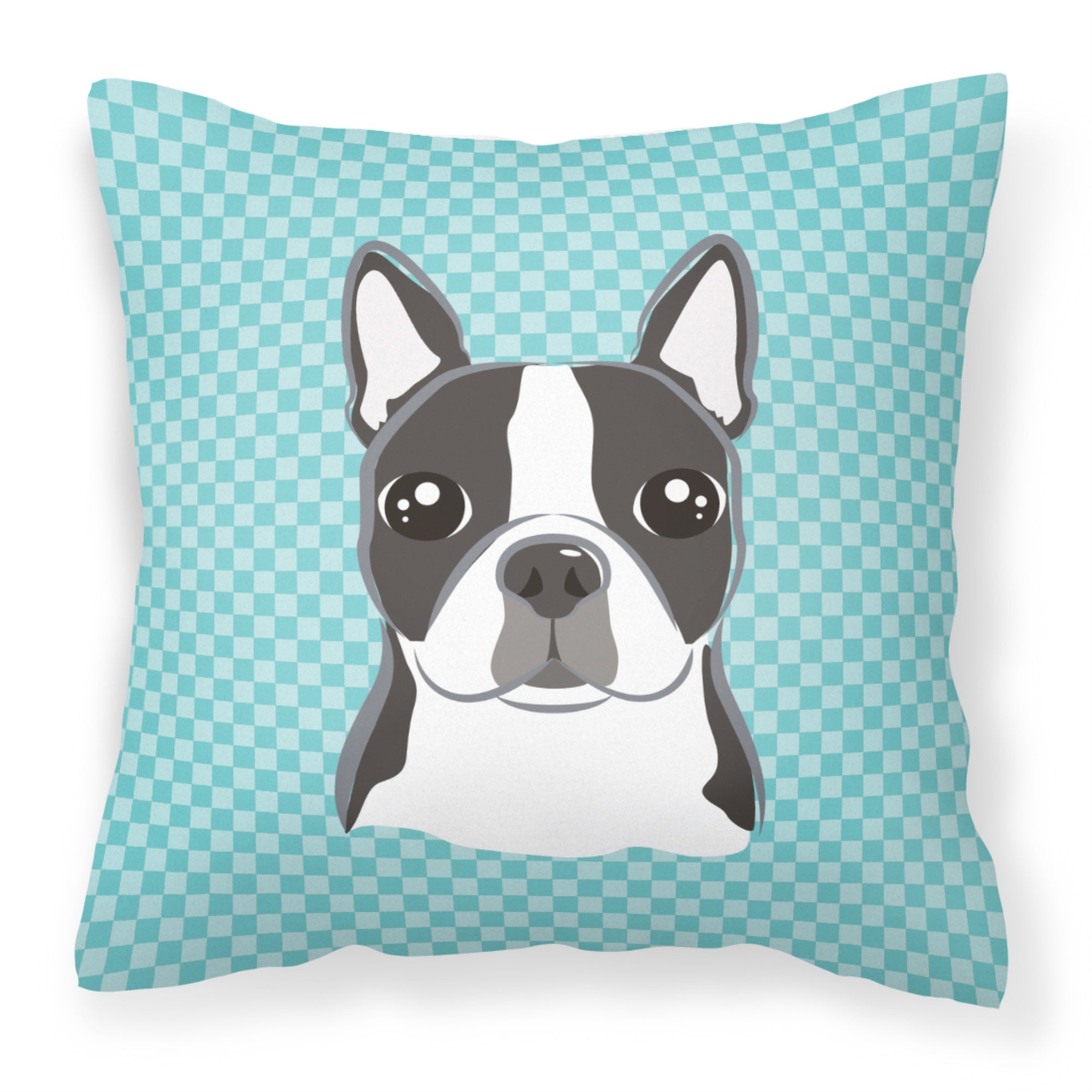 Checkerboard Blue Boston Terrier Fabric Decorative Pillow