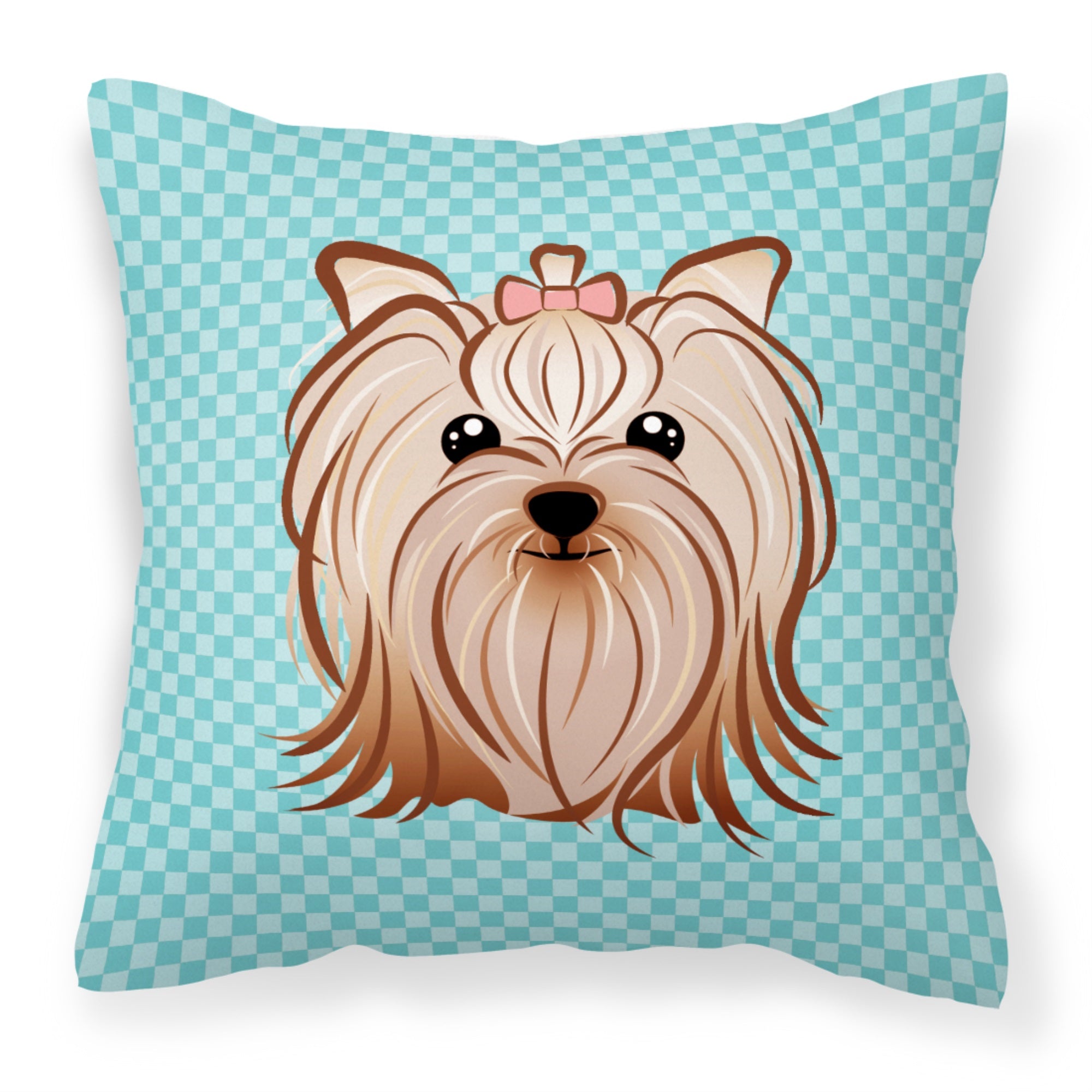 Checkerboard Blue Yorkie Yorkishire Terrier Fabric Decorative Pillow
