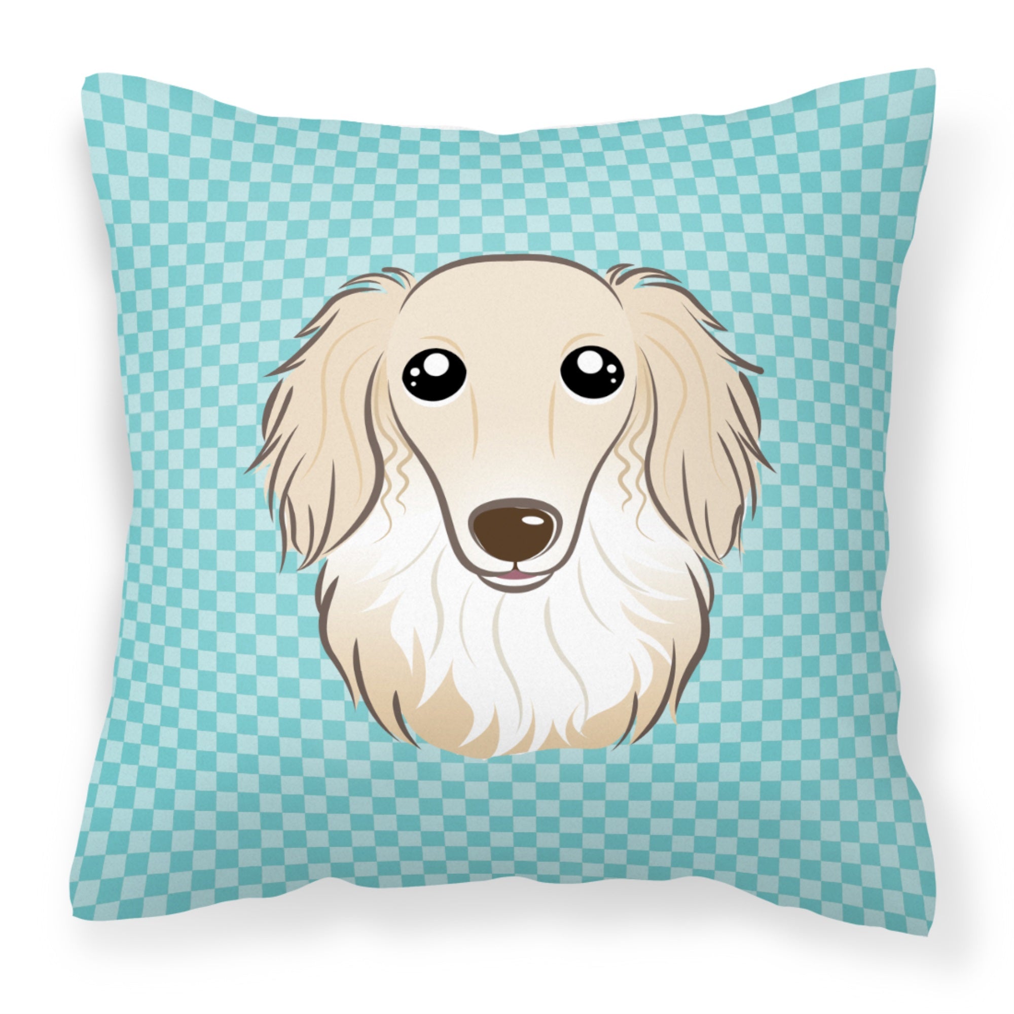 Checkerboard Blue Longhair Creme Dachshund Fabric Decorative Pillow