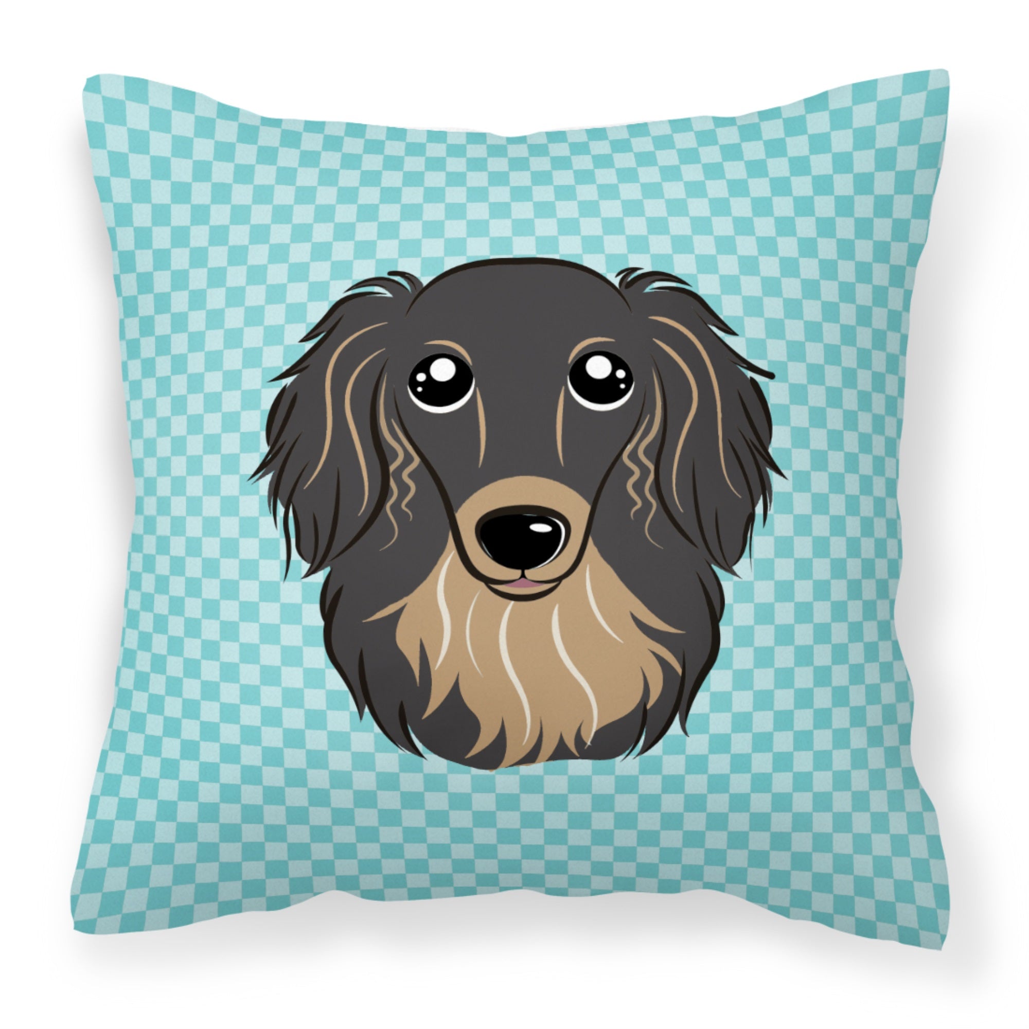Checkerboard Blue Longhair Black And Tan Dachshund Fabric Decorative Pillow