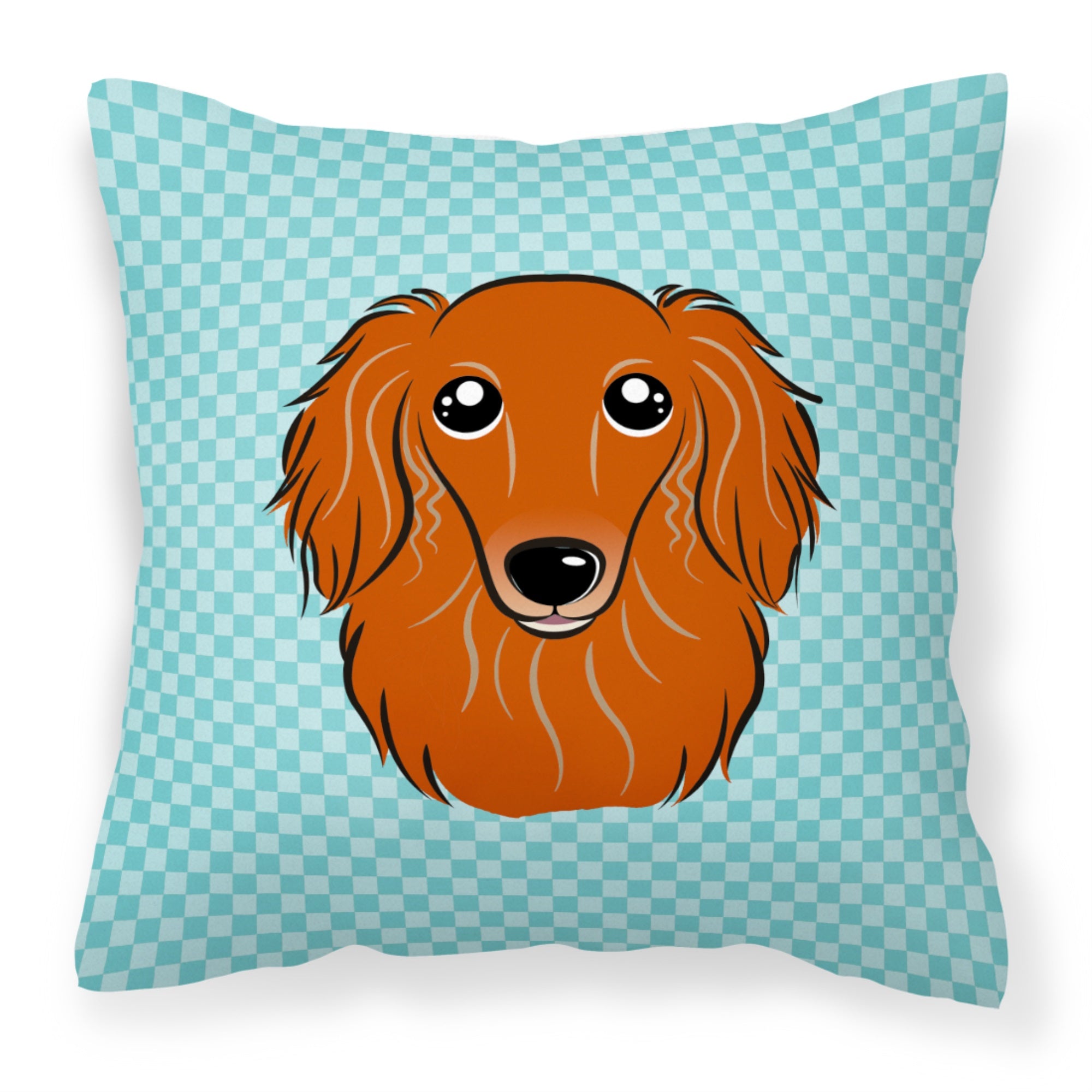 Checkerboard Blue Longhair Red Dachshund Fabric Decorative Pillow