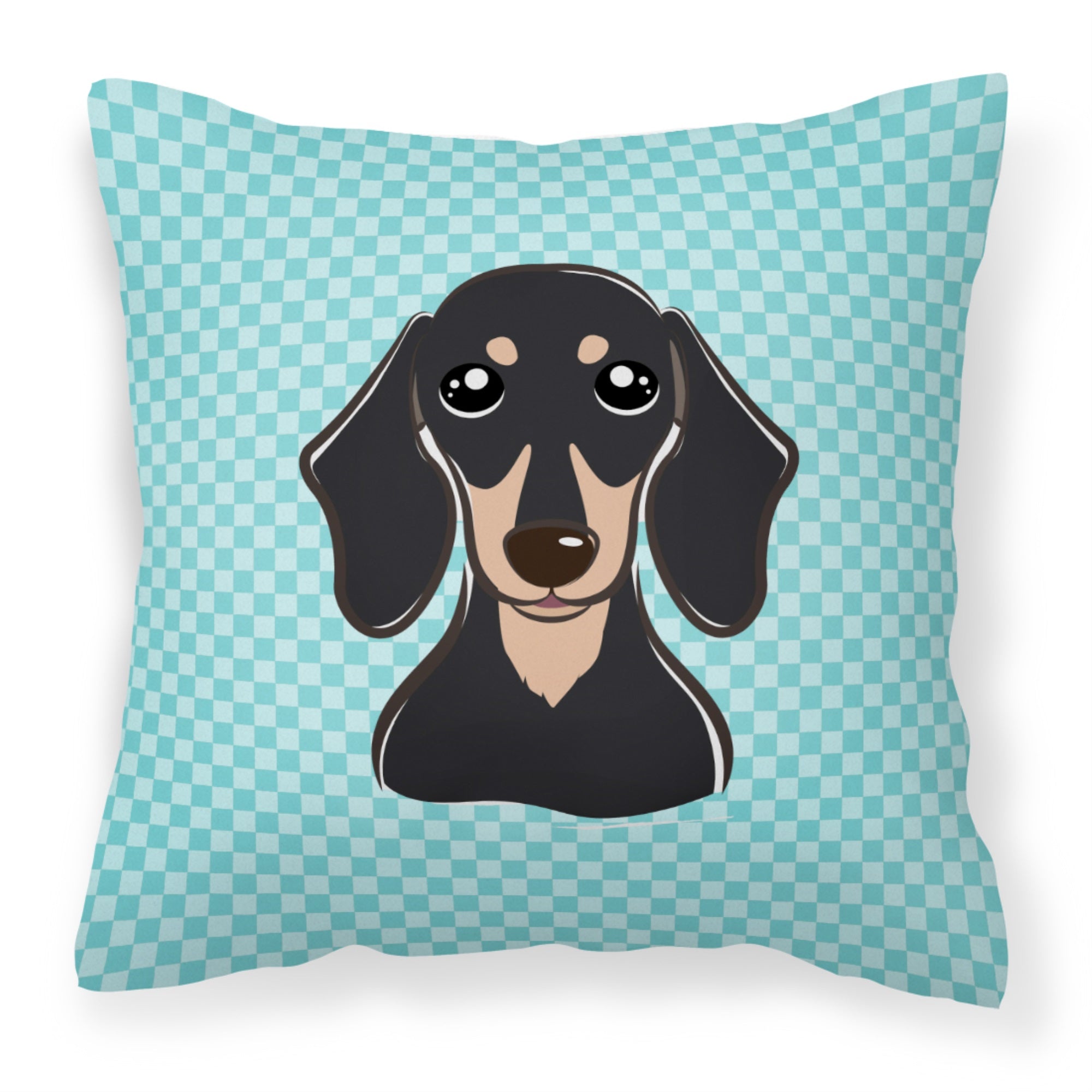 Checkerboard Blue Smooth Black And Tan Dachshund Fabric Decorative Pillow