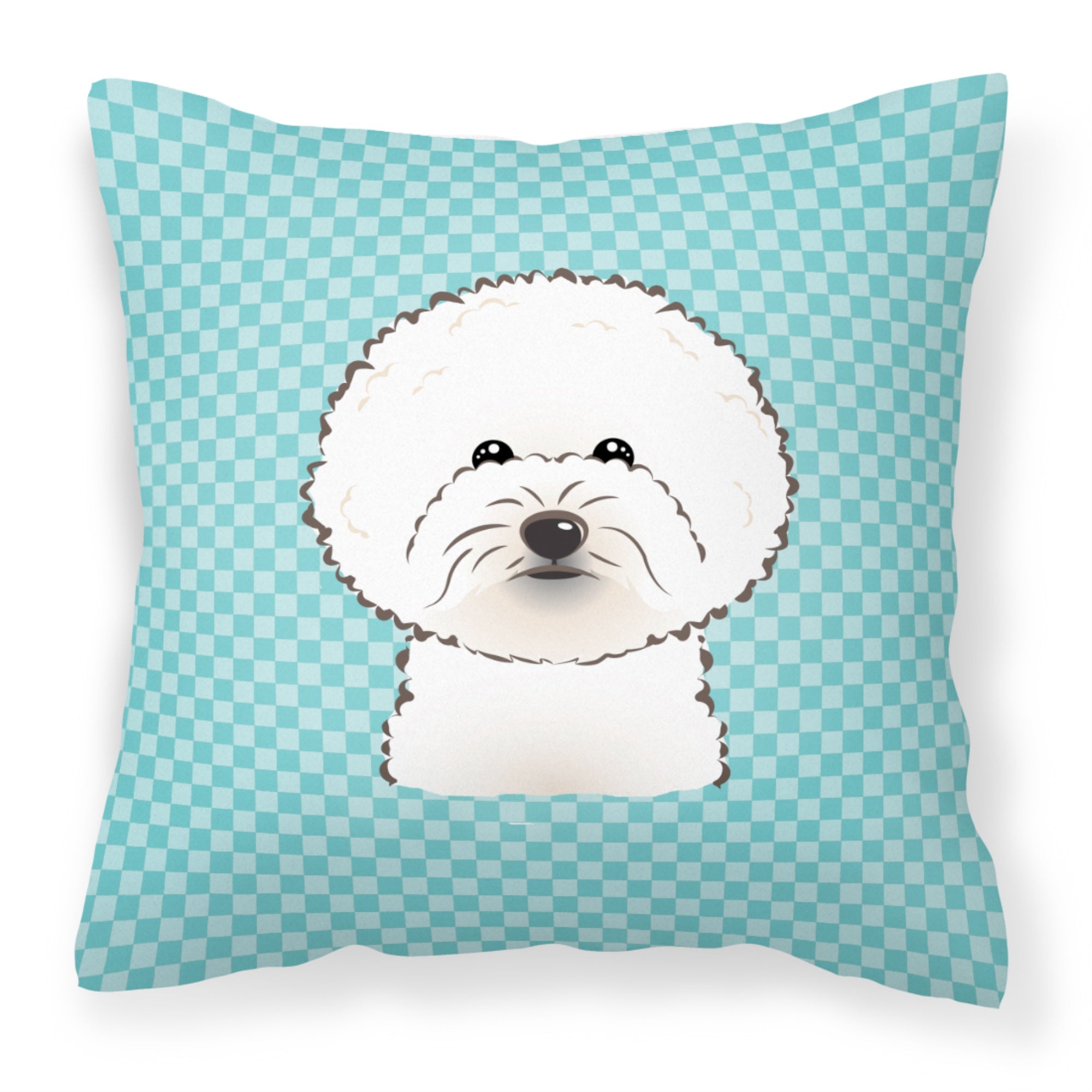 Checkerboard Blue Bichon Frise Fabric Decorative Pillow