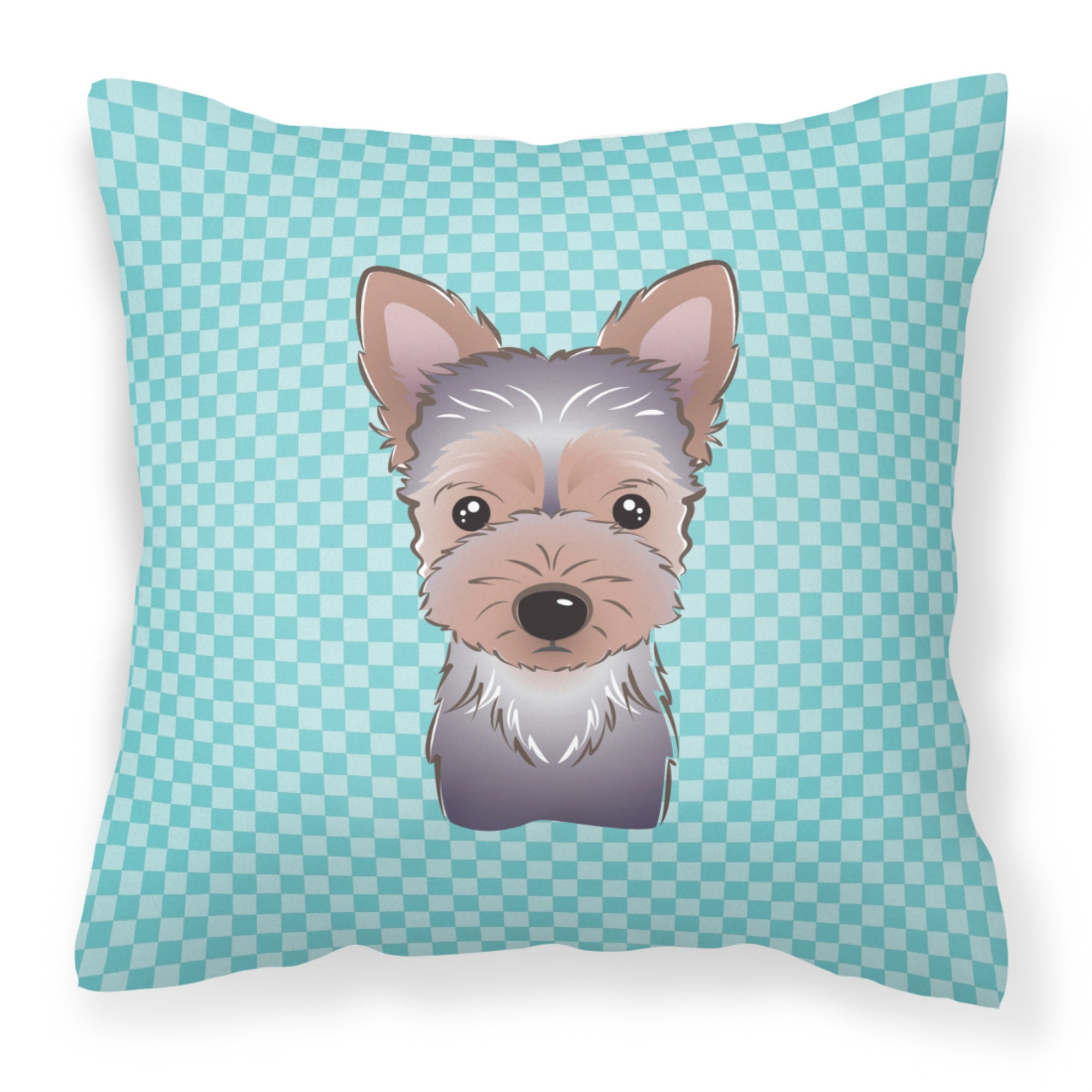 Checkerboard Blue Yorkie Puppy Fabric Decorative Pillow