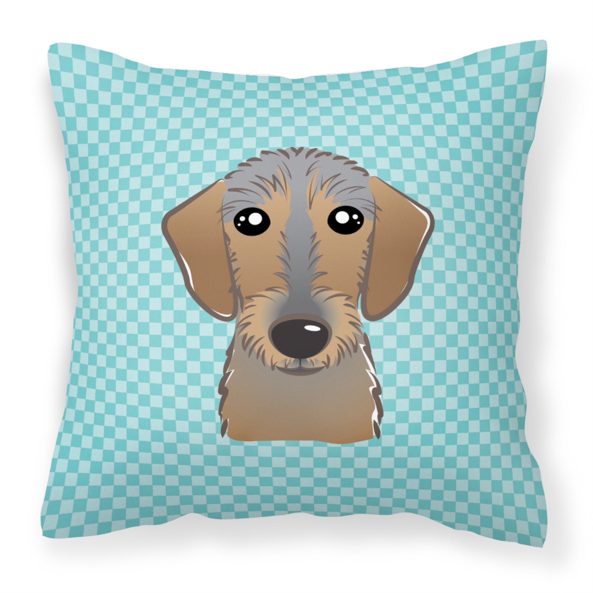 Checkerboard Blue Wirehaired Dachshund Fabric Decorative Pillow