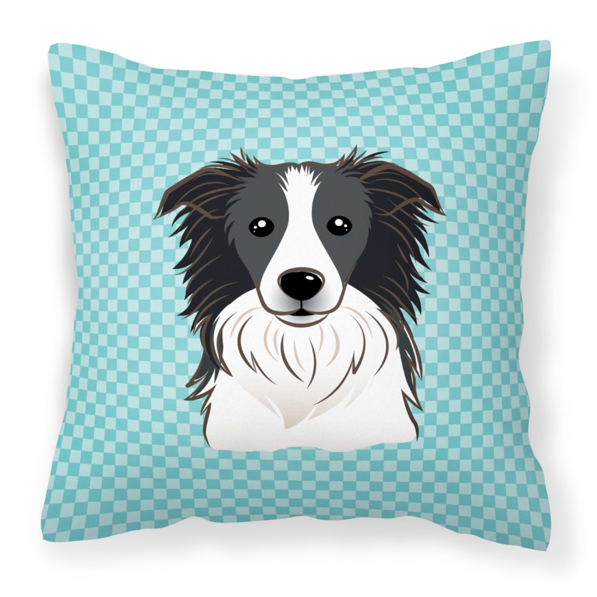 Checkerboard Blue Border Collie Fabric Decorative Pillow